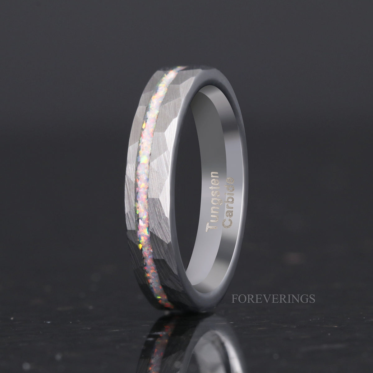 White Fire Opal Offset | Hammered Tungsten Wedding Band | 4mm