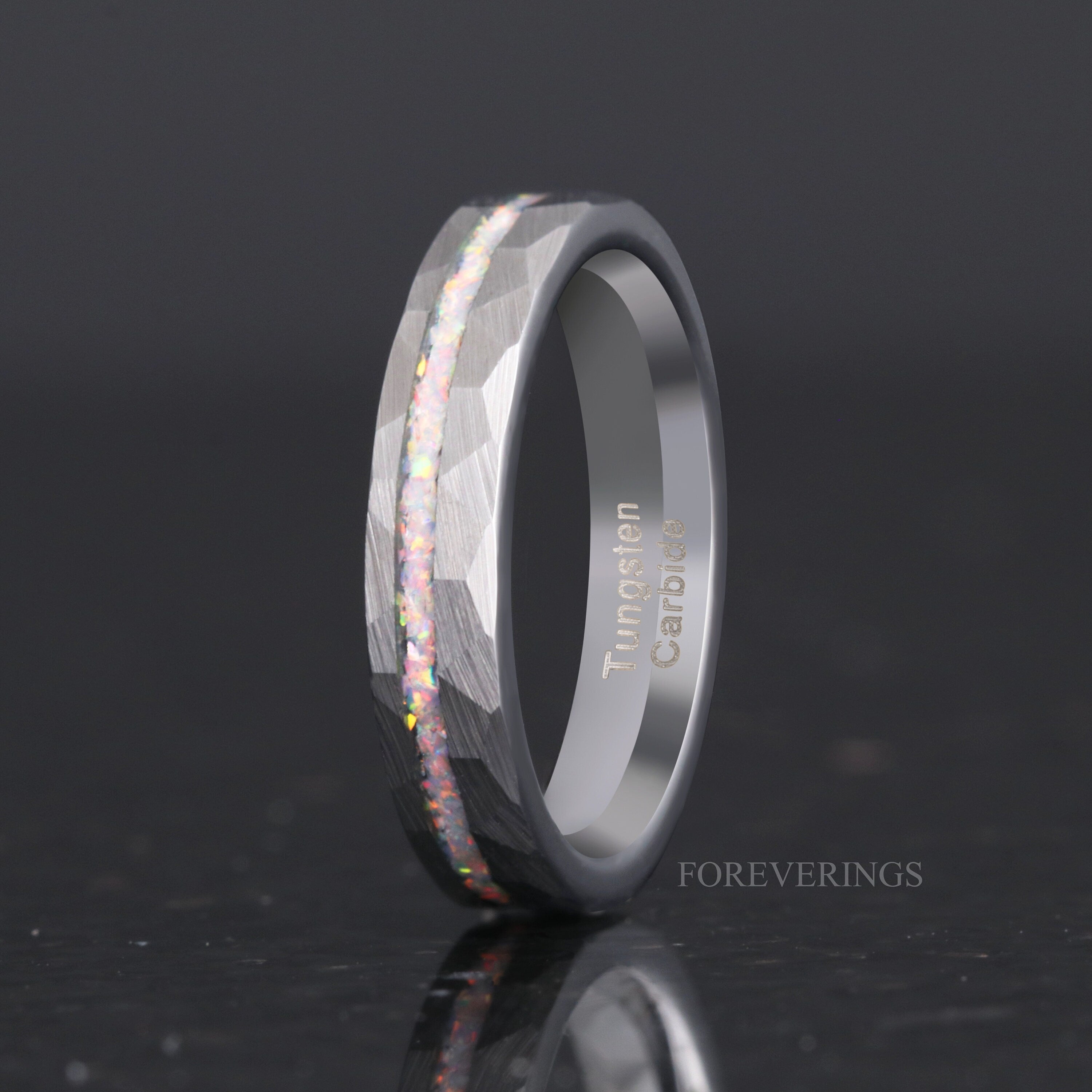 White Fire Opal Ring, Hammered Wedding Band, Silver Tungsten Ring, Brushed, Hammered, Unique Ring, Men Women Ring, Engrave