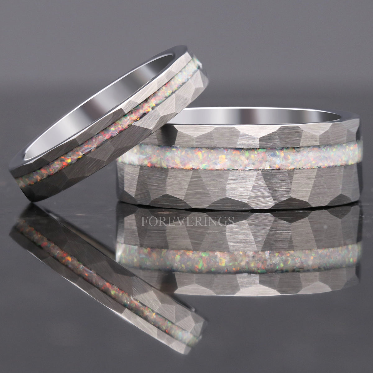 White Opal Ring | Hammered Brushed Tungsten Wedding Band