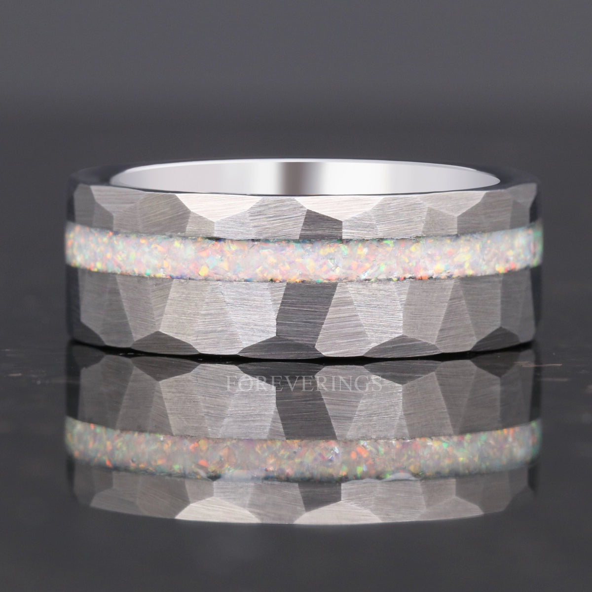 White Opal Ring | Hammered Brushed Tungsten Wedding Band
