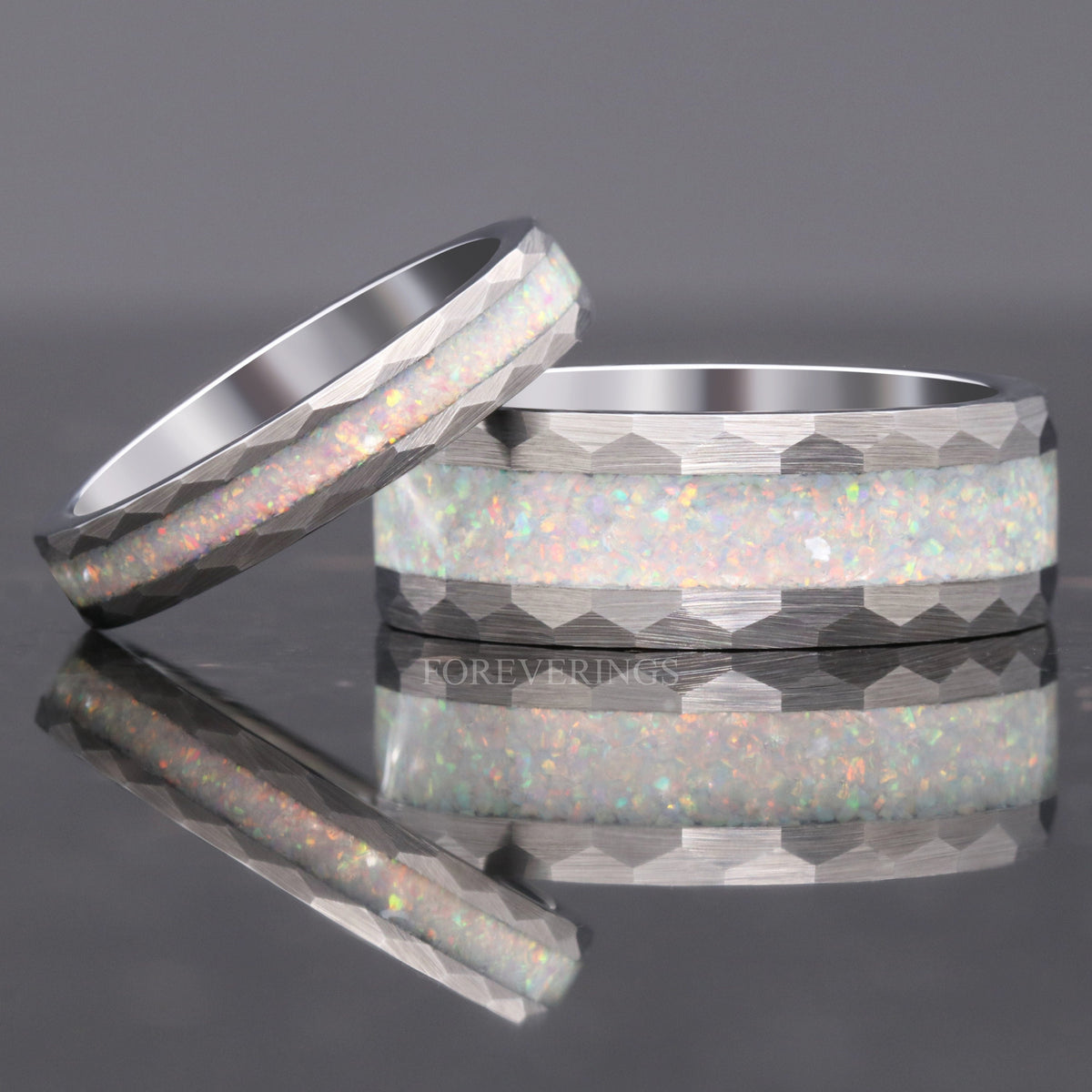 White Opal Ring | Hammered Brushed Silver Tungsten Band