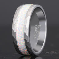 White Opal Ring | Hammered Brushed Silver Tungsten Band