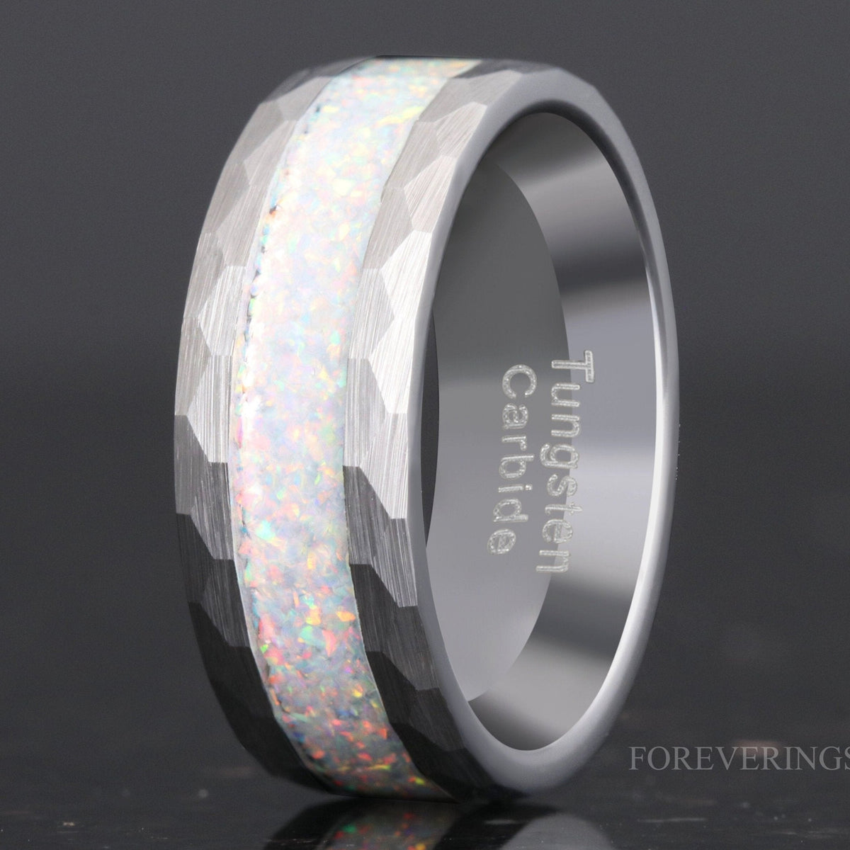 White Opal Ring | Hammered Brushed Silver Tungsten Band