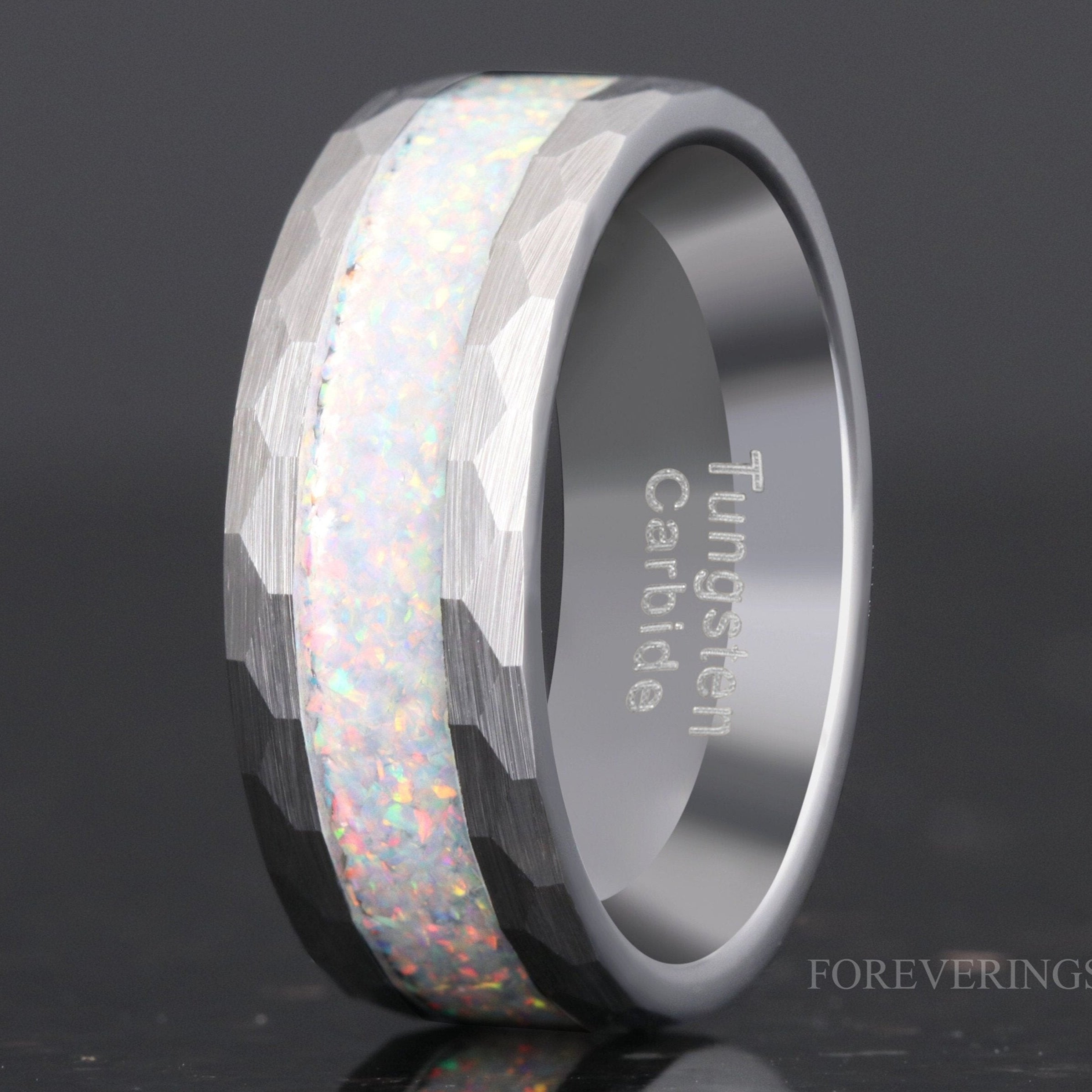 Mens Opal Ring, Hammered Wedding Band, Crushed White Fire Opal, Silver Tungsten Ring, Flat, Brushed, Anniversary Gift, Ring Engraving