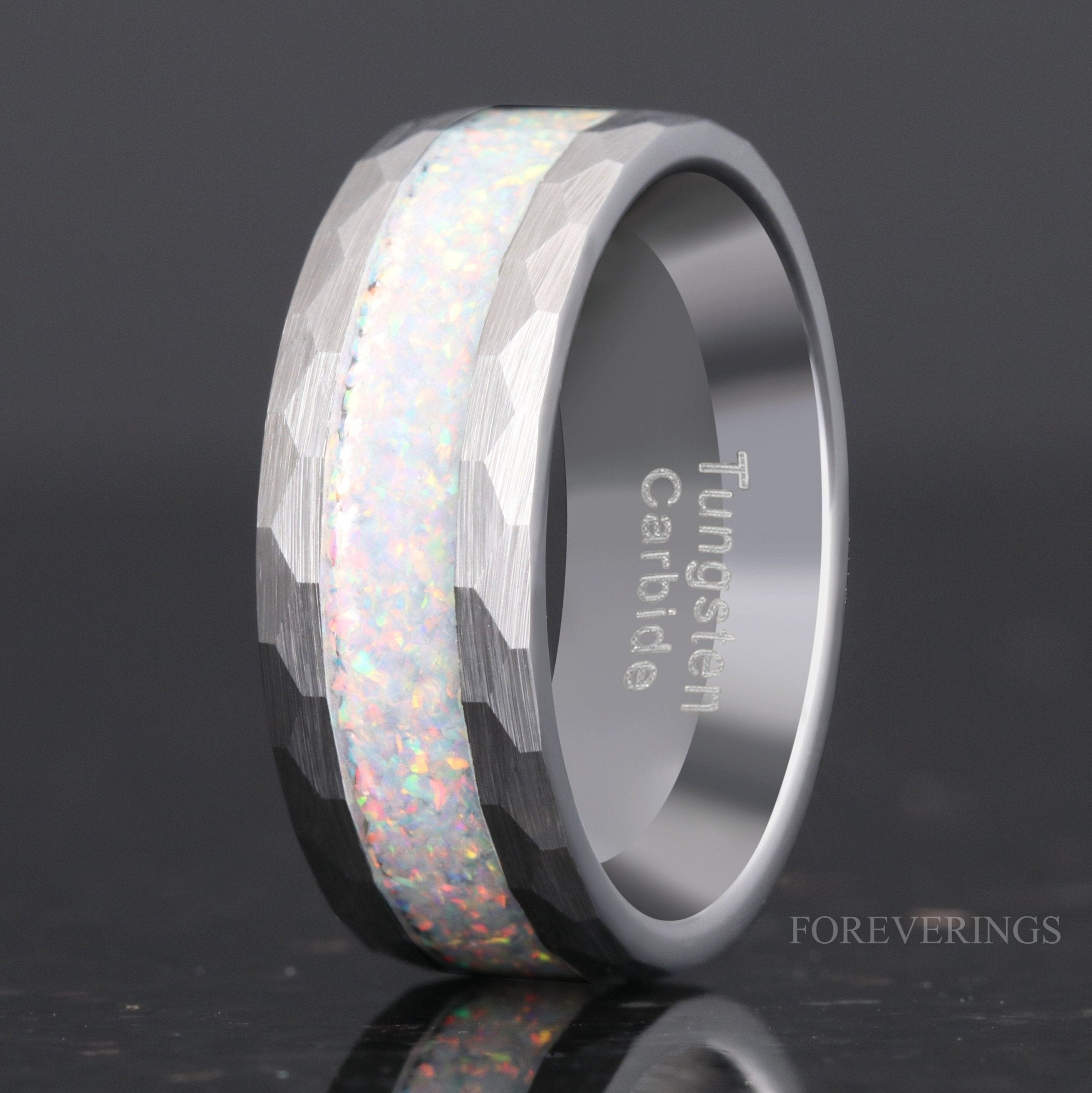 Mens Opal Ring, Hammered Wedding Band, Crushed White Fire Opal, Silver Tungsten Ring, Flat, Brushed, Anniversary Gift, Ring Engraving