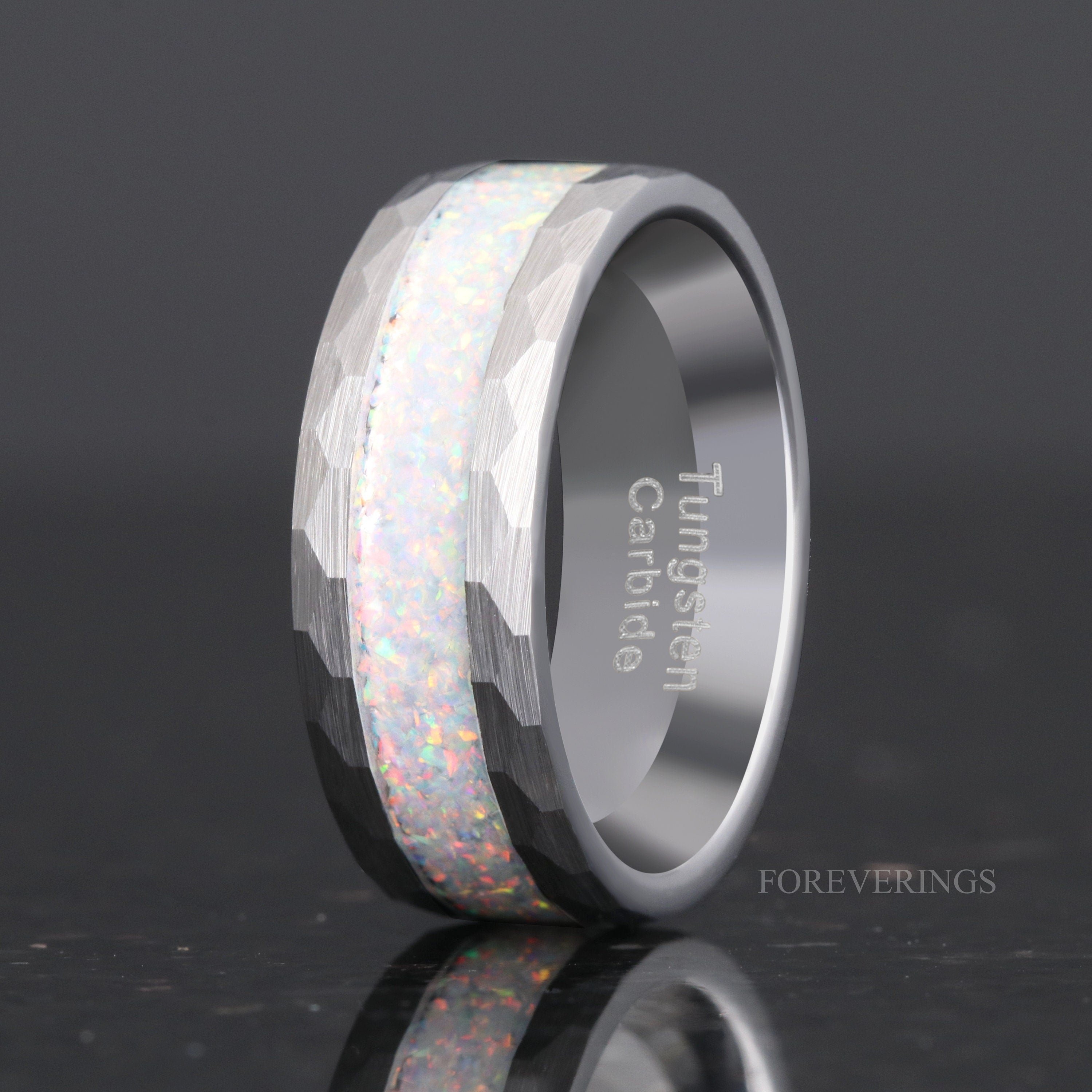 Mens Opal Ring, Hammered Wedding Band, Crushed White Fire Opal, Silver Tungsten Ring, Flat, Brushed, Anniversary Gift, Ring Engraving