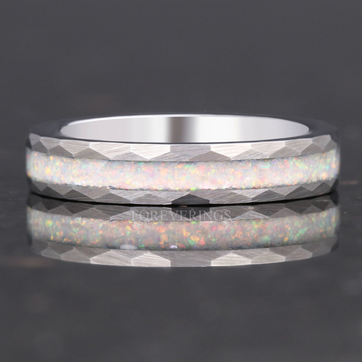 White Fire Opal | Hammered Tungsten Wedding Band | 4mm