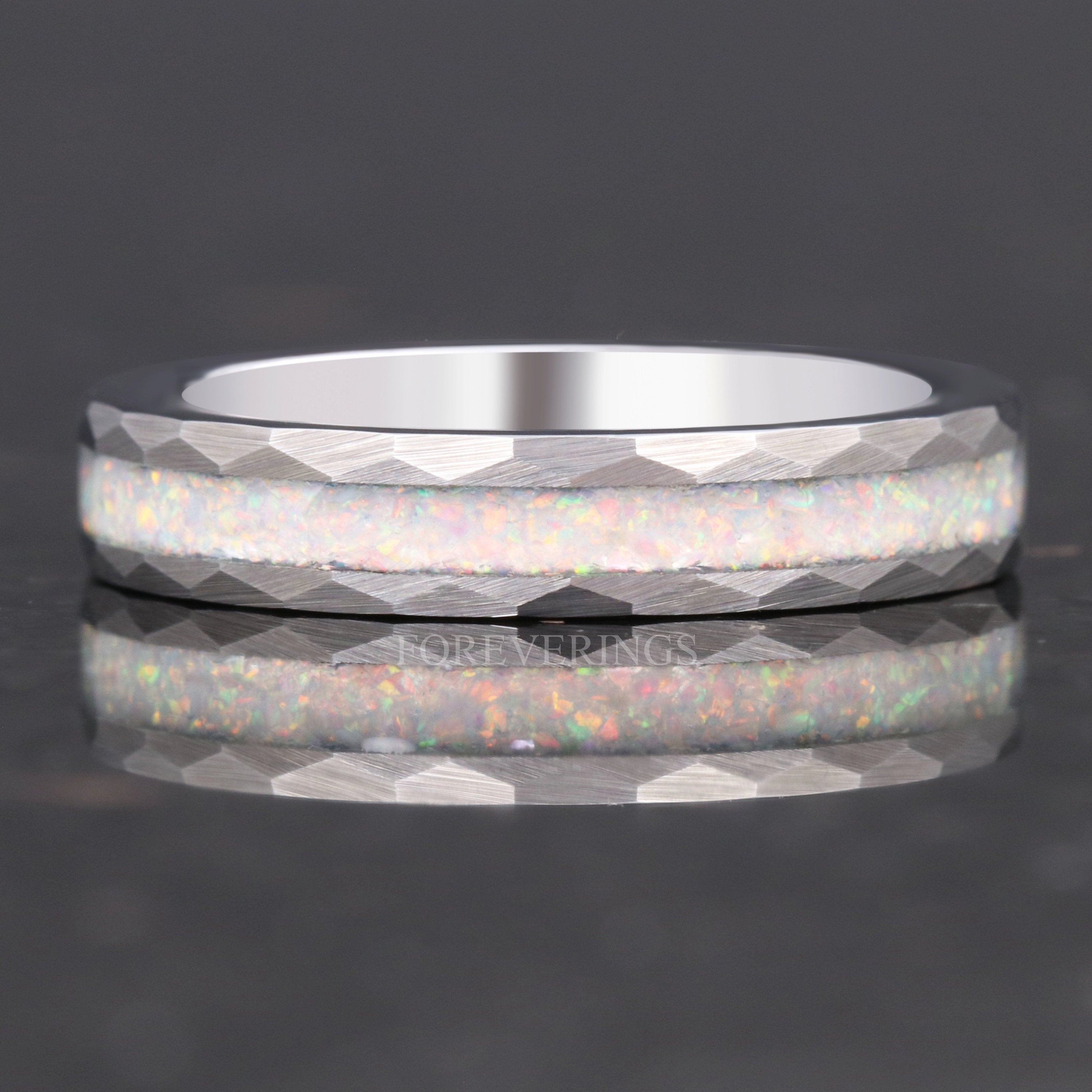 Crushed White Fire Opal Ring, 4mm Silver Tungsten Wedding Band, No Plating, Brushed, Flat, Hammered, Comfort Fit, Unique Men Women Ring