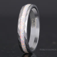 White Fire Opal | Hammered Tungsten Wedding Band | 4mm