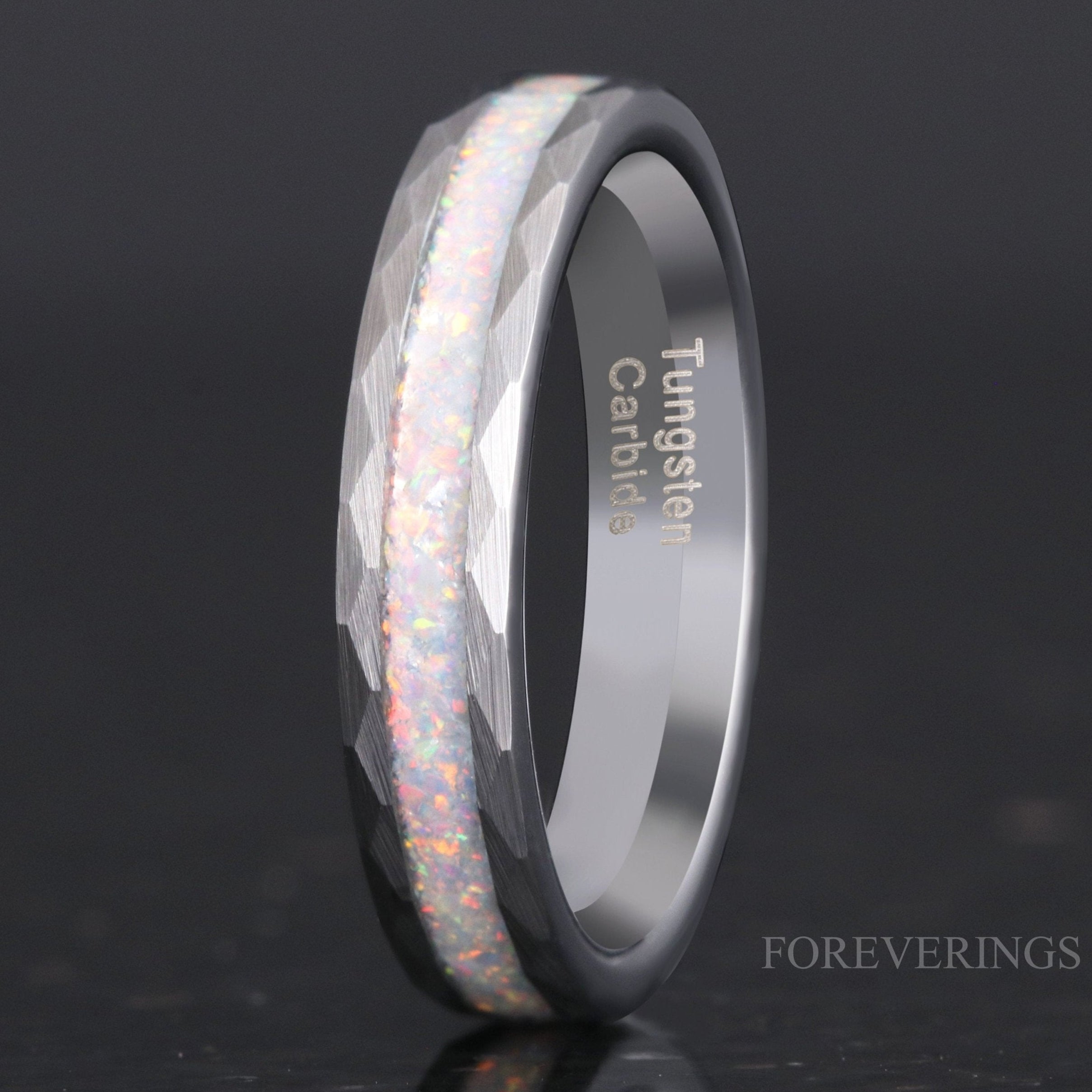 Crushed White Fire Opal Ring, 4mm Silver Tungsten Wedding Band, No Plating, Brushed, Flat, Hammered, Comfort Fit, Unique Men Women Ring