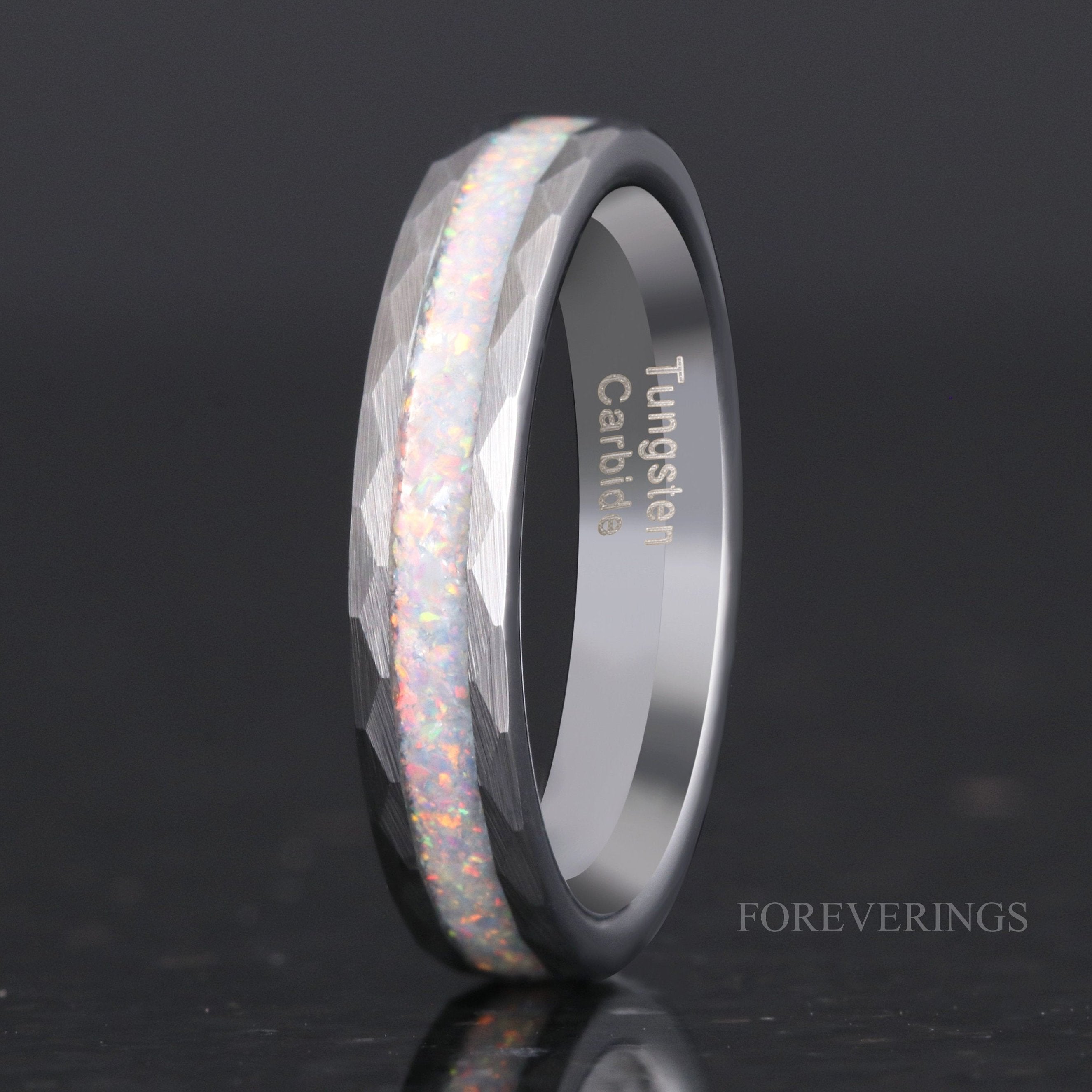 Crushed White Fire Opal Ring, 4mm Silver Tungsten Wedding Band, No Plating, Brushed, Flat, Hammered, Comfort Fit, Unique Men Women Ring