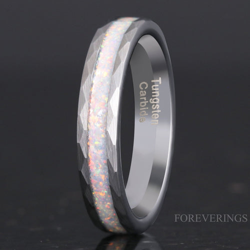 White Fire Opal | Hammered Tungsten Wedding Band | 4mm