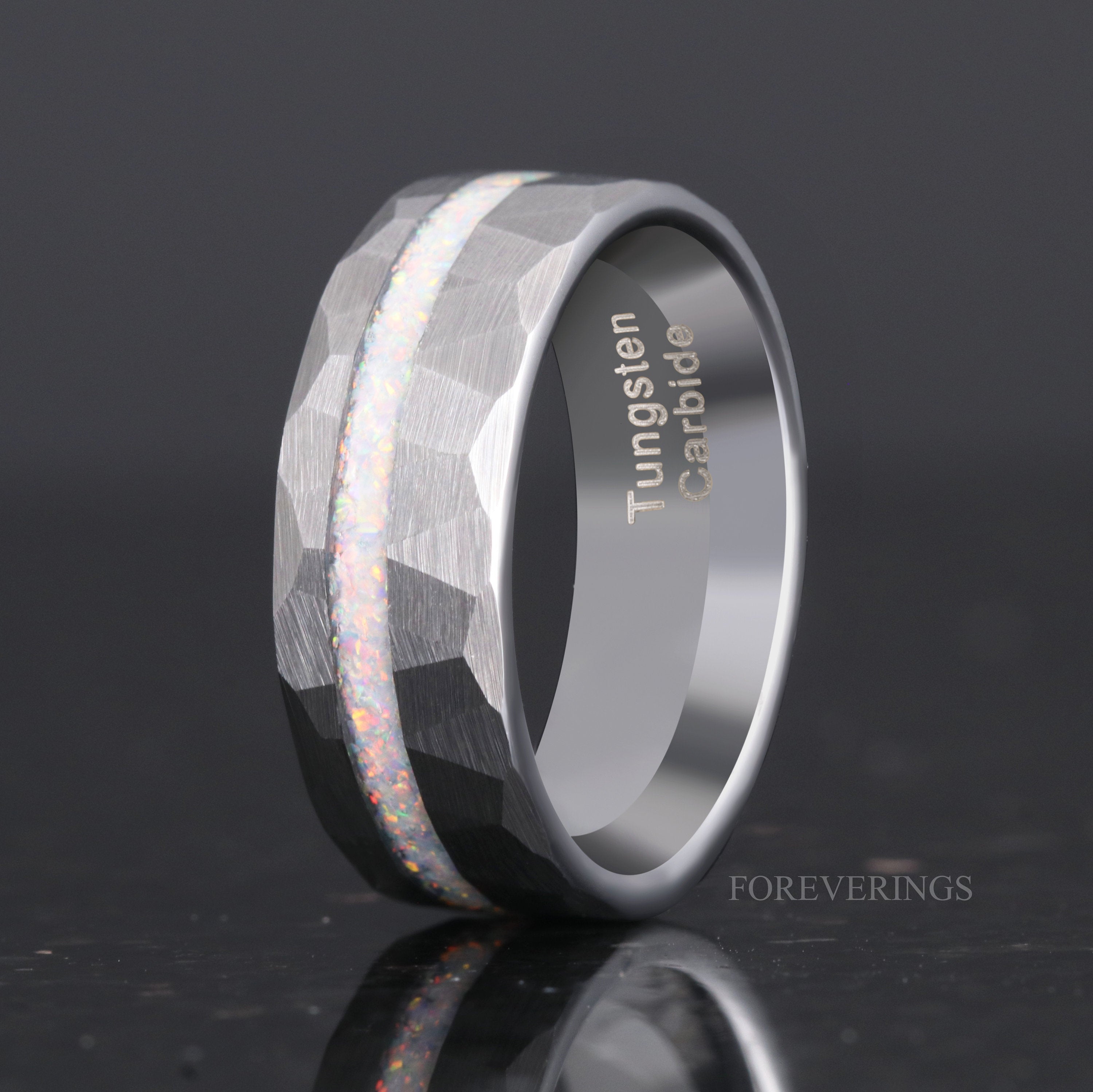 Men Opal Ring, Hammered Tungsten Wedding Band, Crushed White Fire Opal, Flat, Brushed, Man Engagement Ring, Engraving