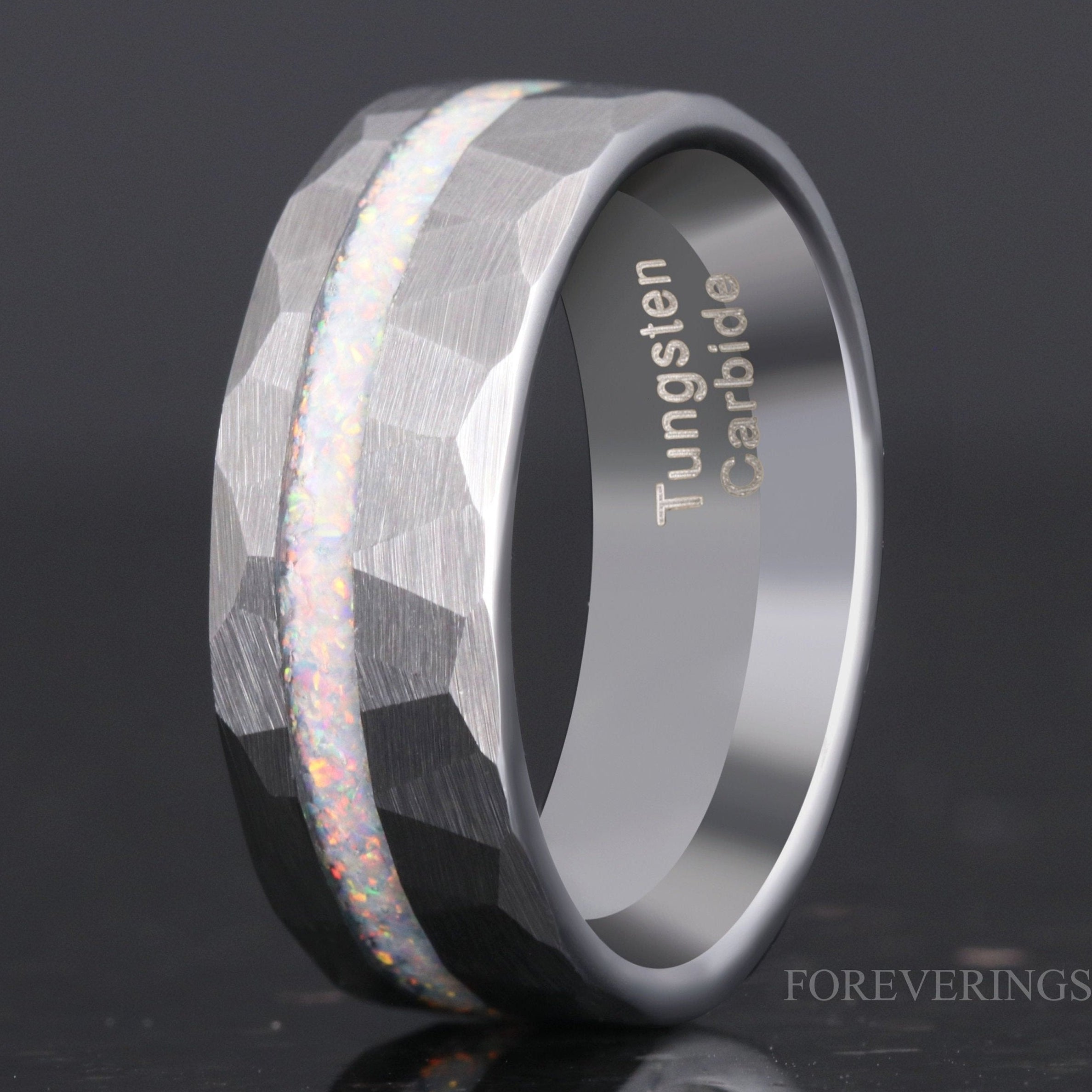 Men Opal Ring, Hammered Tungsten Wedding Band, Crushed White Fire Opal, Flat, Brushed, Man Engagement Ring, Engraving