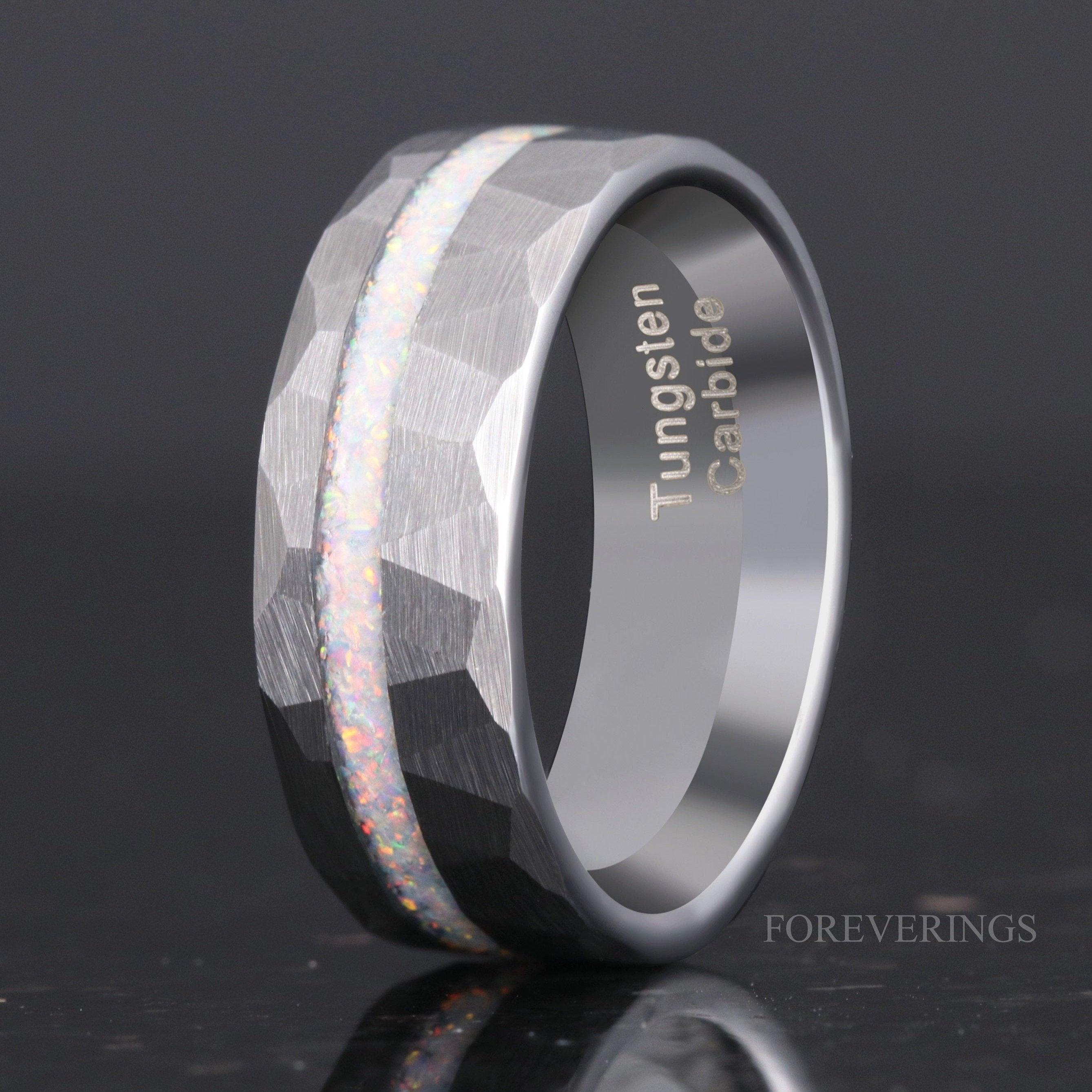 Men Opal Ring, Hammered Tungsten Wedding Band, Crushed White Fire Opal, Flat, Brushed, Man Engagement Ring, Engraving