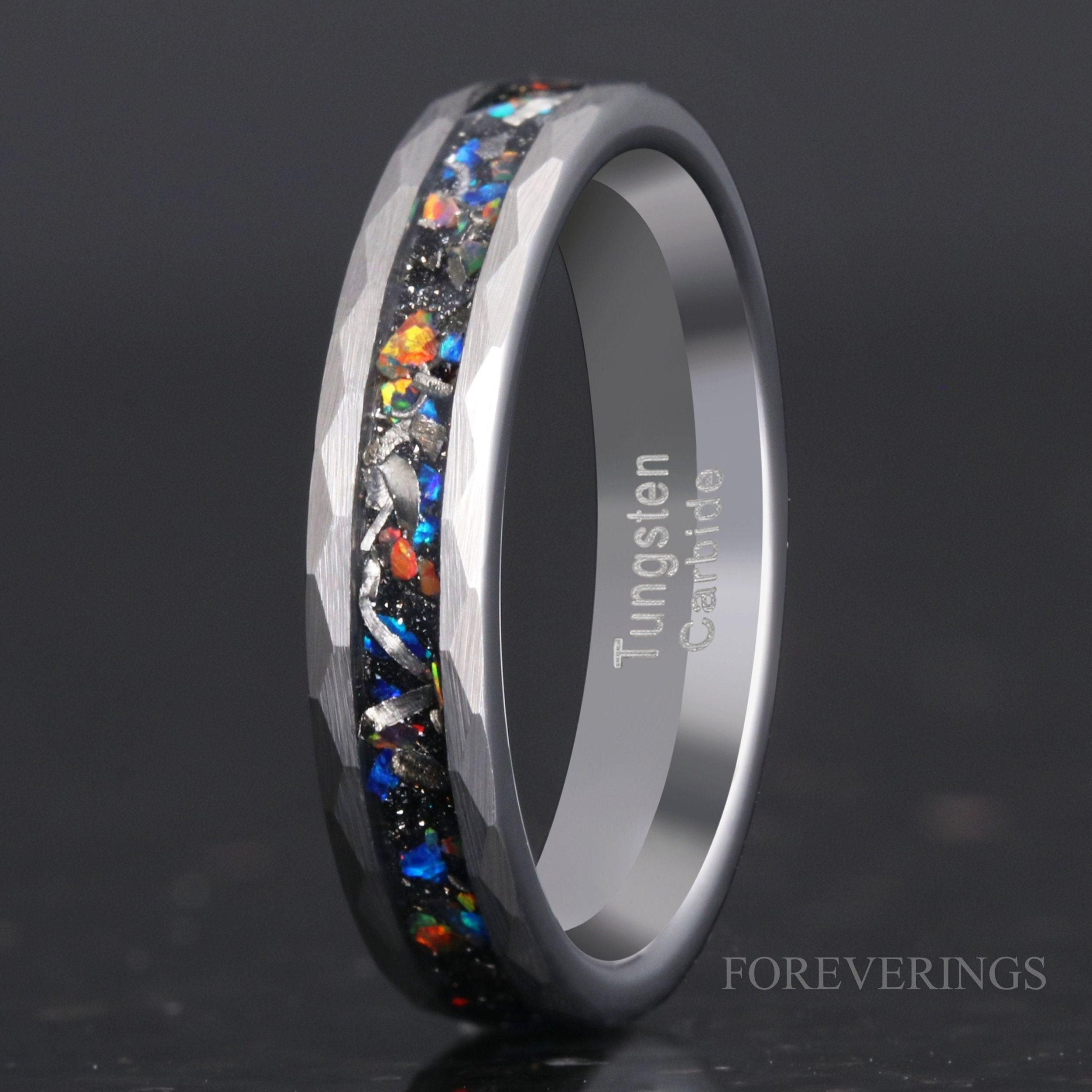 Meteorite and Galaxy Opal Wedding Band, 4mm Silver Tungsten Ring, Hammered, Flat, Matte Brushed, Comfort Fit, Unique Ring, Women Men Ring