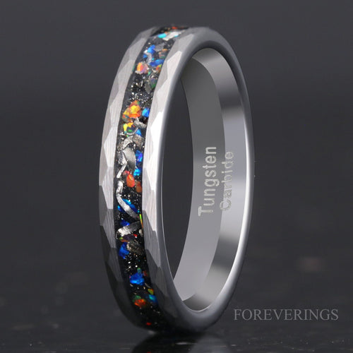 Meteorite Galaxy Opal Silver Tungsten Ring | Hammered Wedding Band