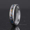 Women's 4mm hammered silver tungsten ring with meteorite and galaxy opal inlay, standing upright