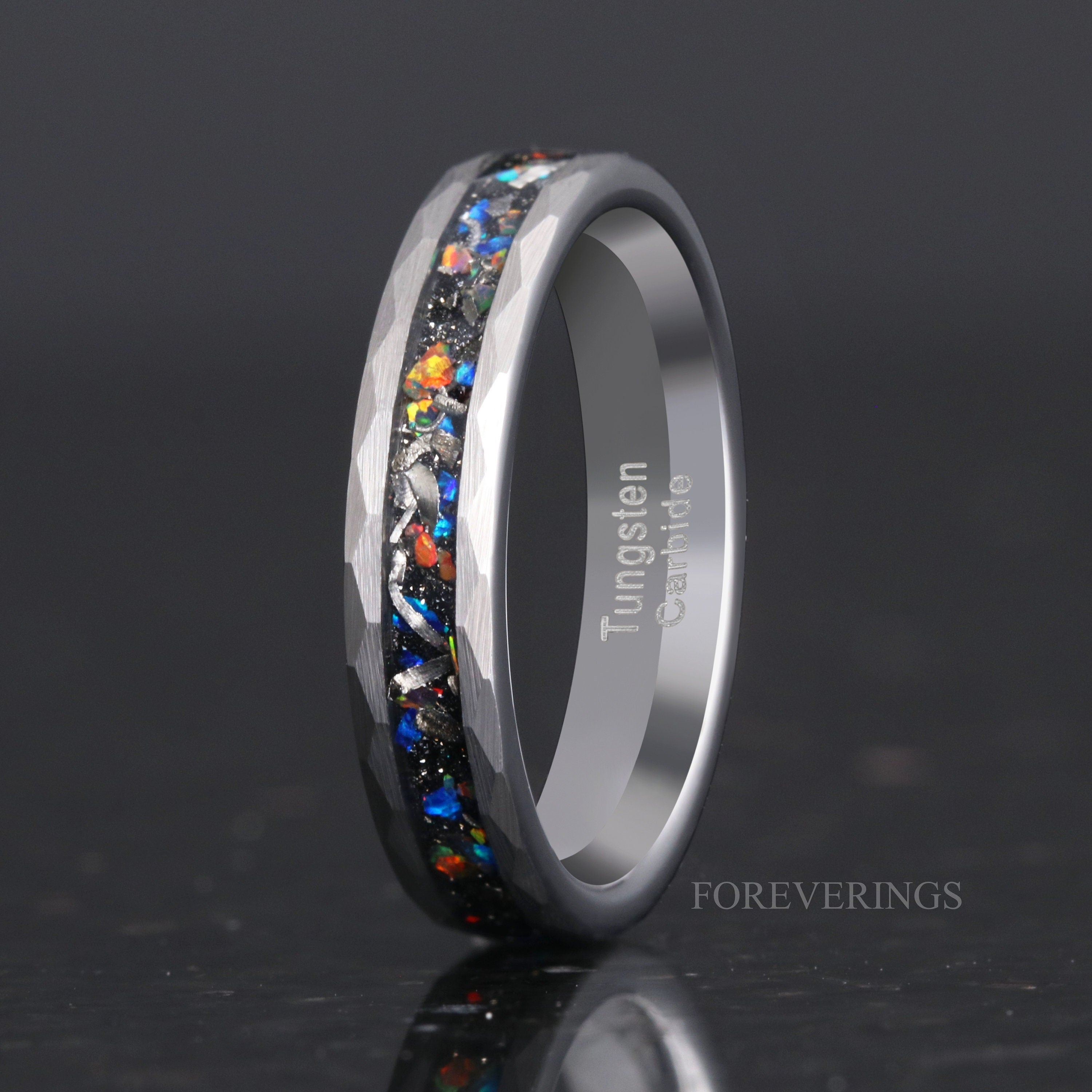 Meteorite and Galaxy Opal Ring Set, His and Hers Tungsten Wedding Band, 8mm & 4mm Silver Rings, Hammer, Couples Ring, Brush, Comfort Fit