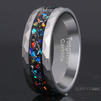 Mens Meteorite Wedding Band | Fire Opal Hammered Tungsten