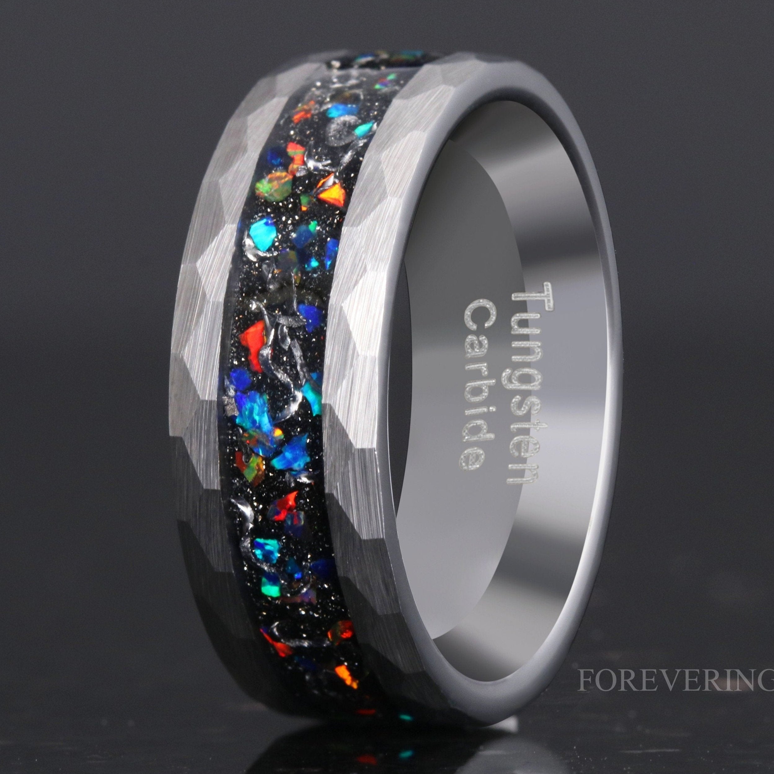 Meteorite Opal Ring, Mens Wedding Band, Galaxy Ring, Authentic Meteorite Ring Men, Fire Opal Tungsten Ring, Hammered Band, Ring Engraving