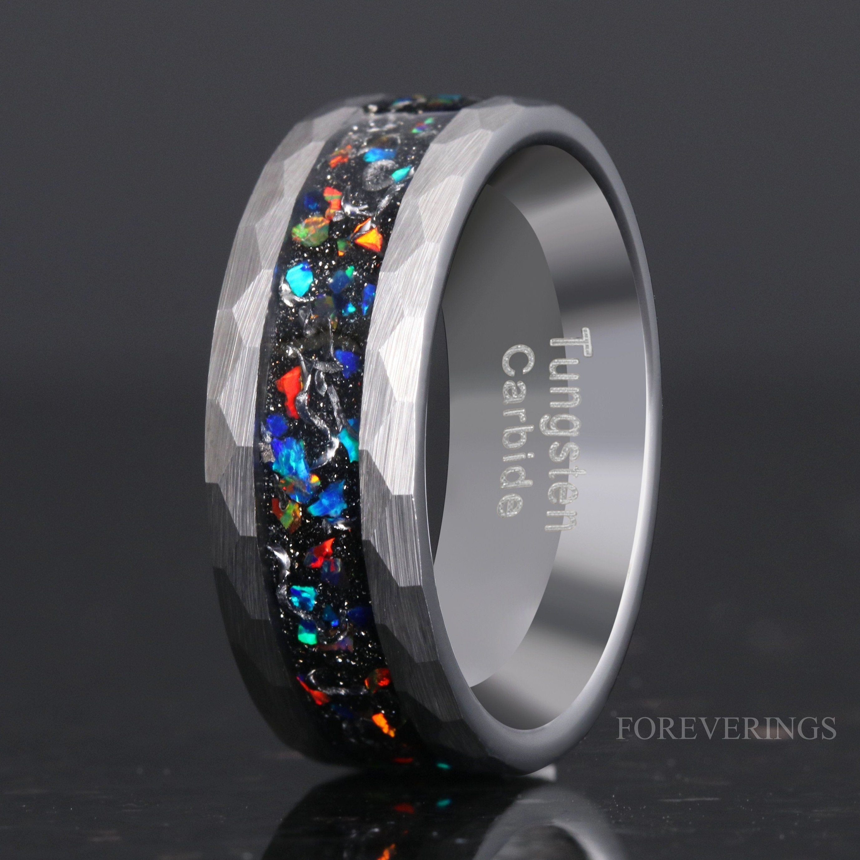 Meteorite Opal Ring, Mens Wedding Band, Galaxy Ring, Authentic Meteorite Ring Men, Fire Opal Tungsten Ring, Hammered Band, Ring Engraving