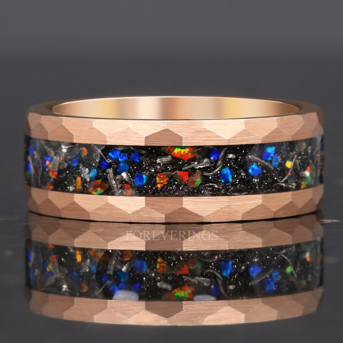 Mens Meteorite Wedding Band | Opal Inlay Rose Gold Tungsten