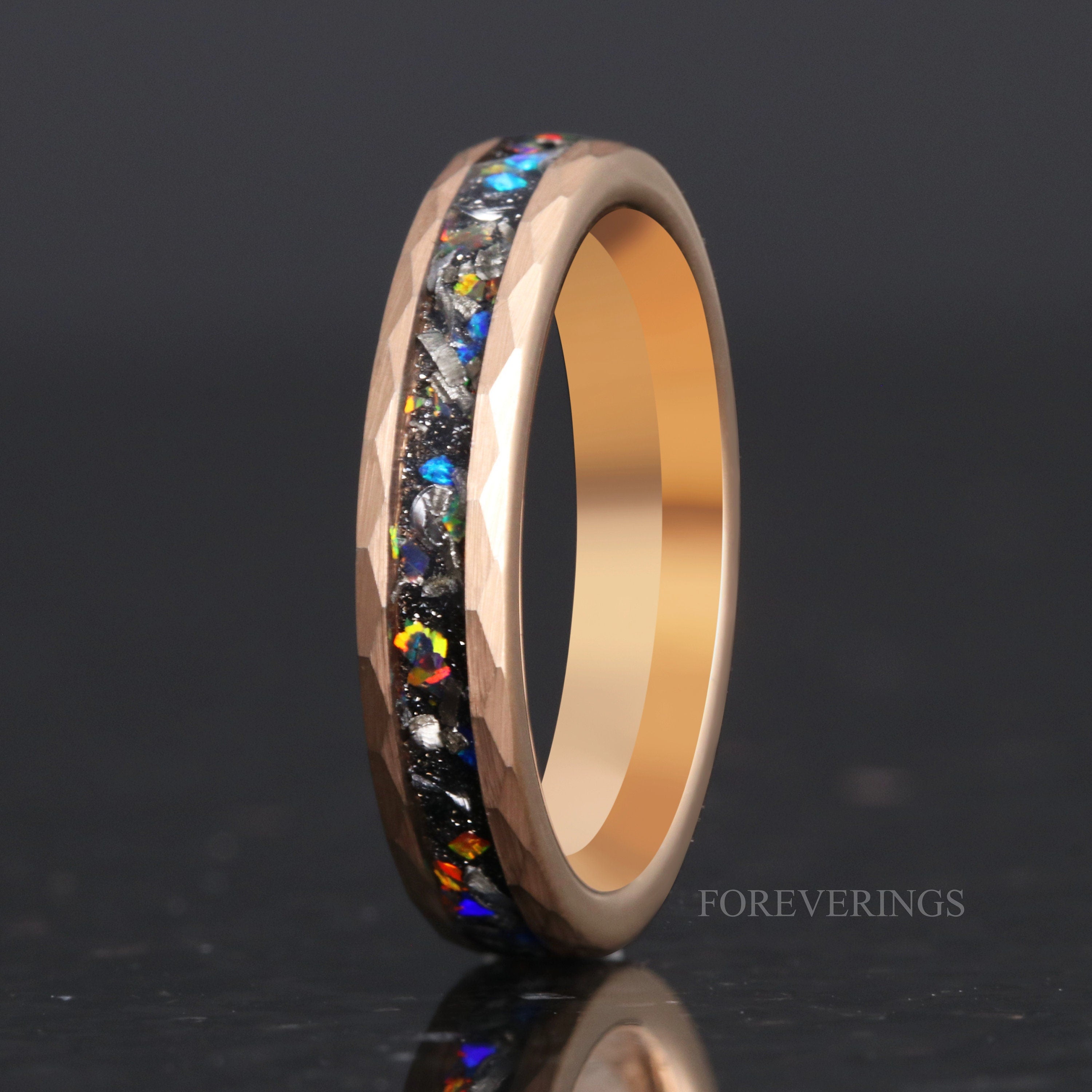 Meteorite and Galaxy Opal Wedding Band, 4mm Tungsten Ring, Rose Gold Plated, Hammered, Flat, Matte Brushed, Comfort Fit, Women Men Ring