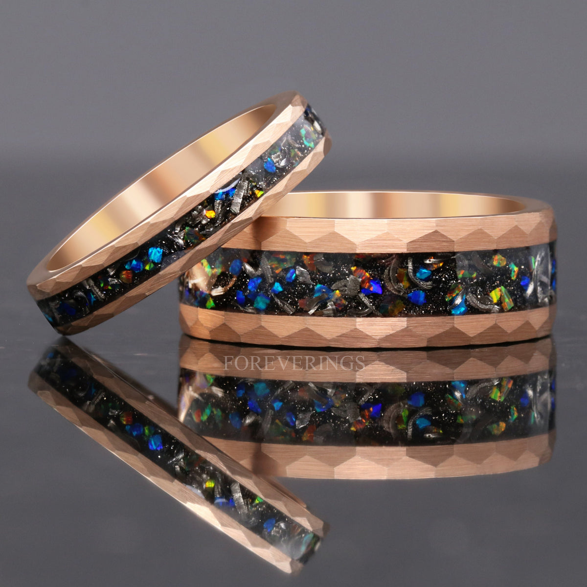 Meteorite & Galaxy Opal Ring | Rose Gold Tungsten Wedding Band | 4mm