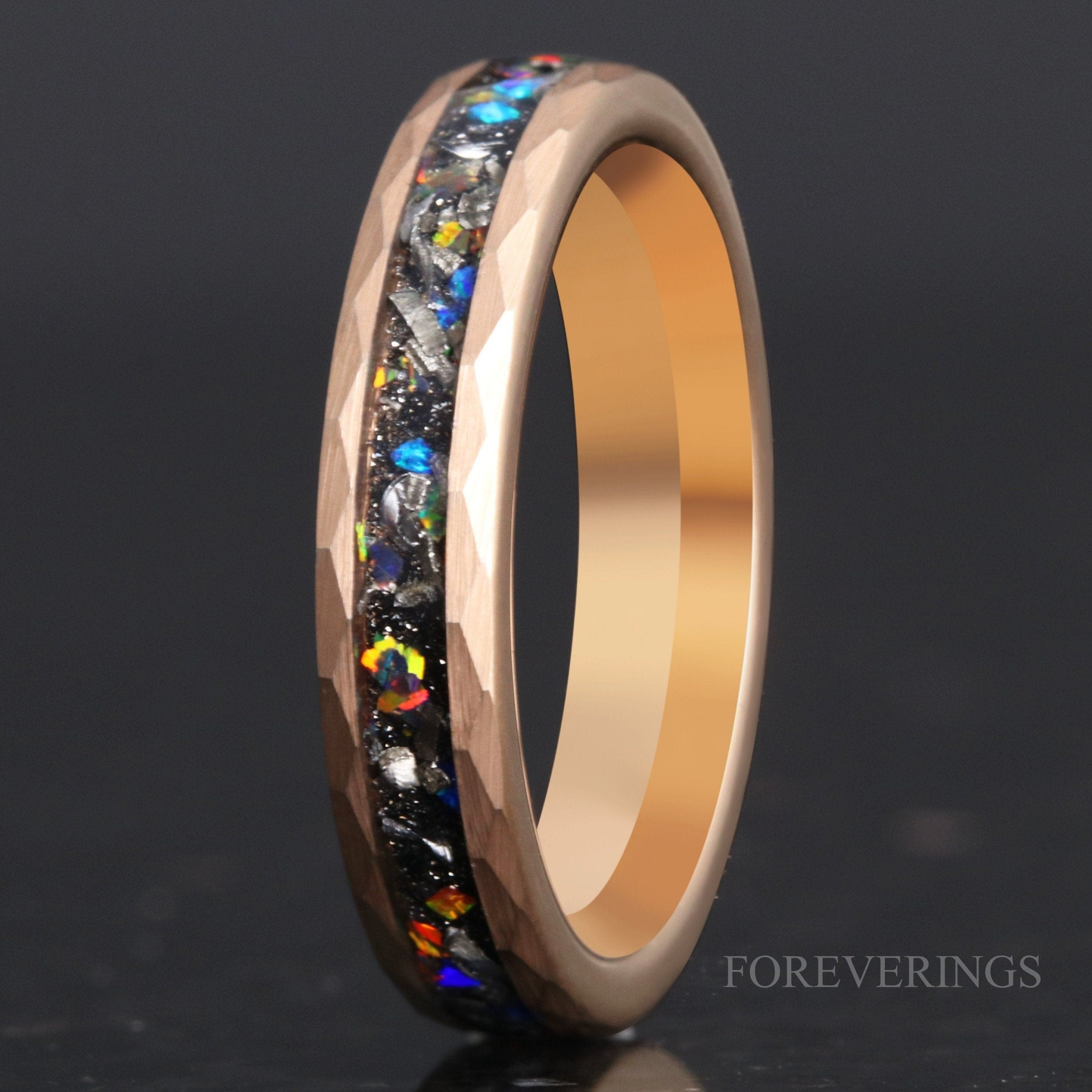 Meteorite and Galaxy Opal Wedding Band, 4mm Tungsten Ring, Rose Gold Plated, Hammered, Flat, Matte Brushed, Comfort Fit, Women Men Ring