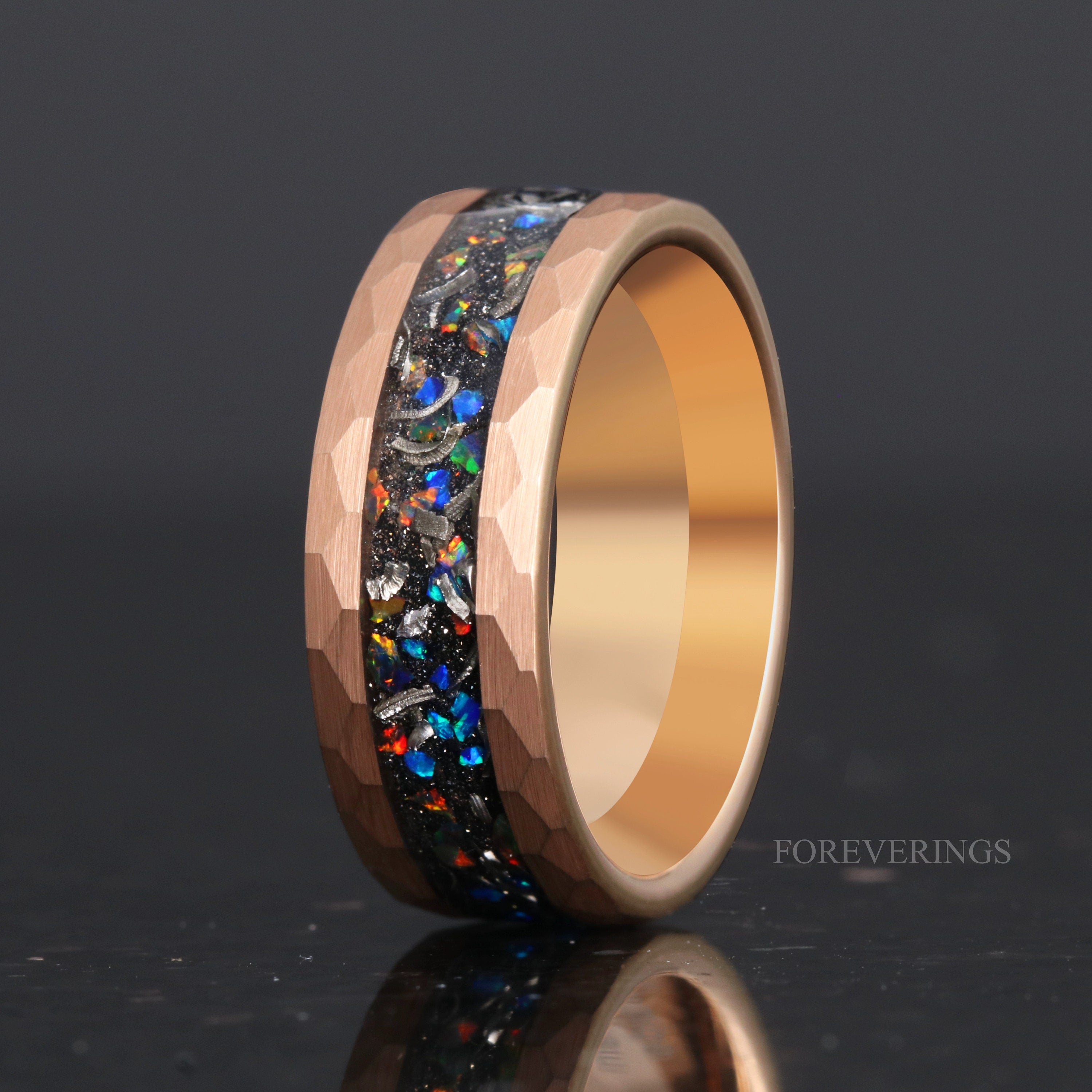 Meteorite and Galaxy Opal Ring Set, His and Hers Tungsten Wedding Band, 8mm & 4mm Rose Gold Tungsten Rings, Hammer, Flat, Brush, Comfort Fit