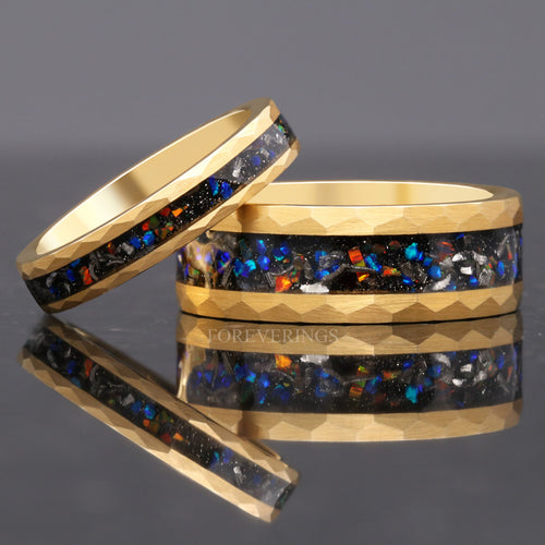 Meteorite and Galaxy Opal Ring Set, His and Hers Tungsten Wedding Band, 8mm & 4mm Yellow Gold Rings, Hammer, Flat, Brush, Comfort Fit