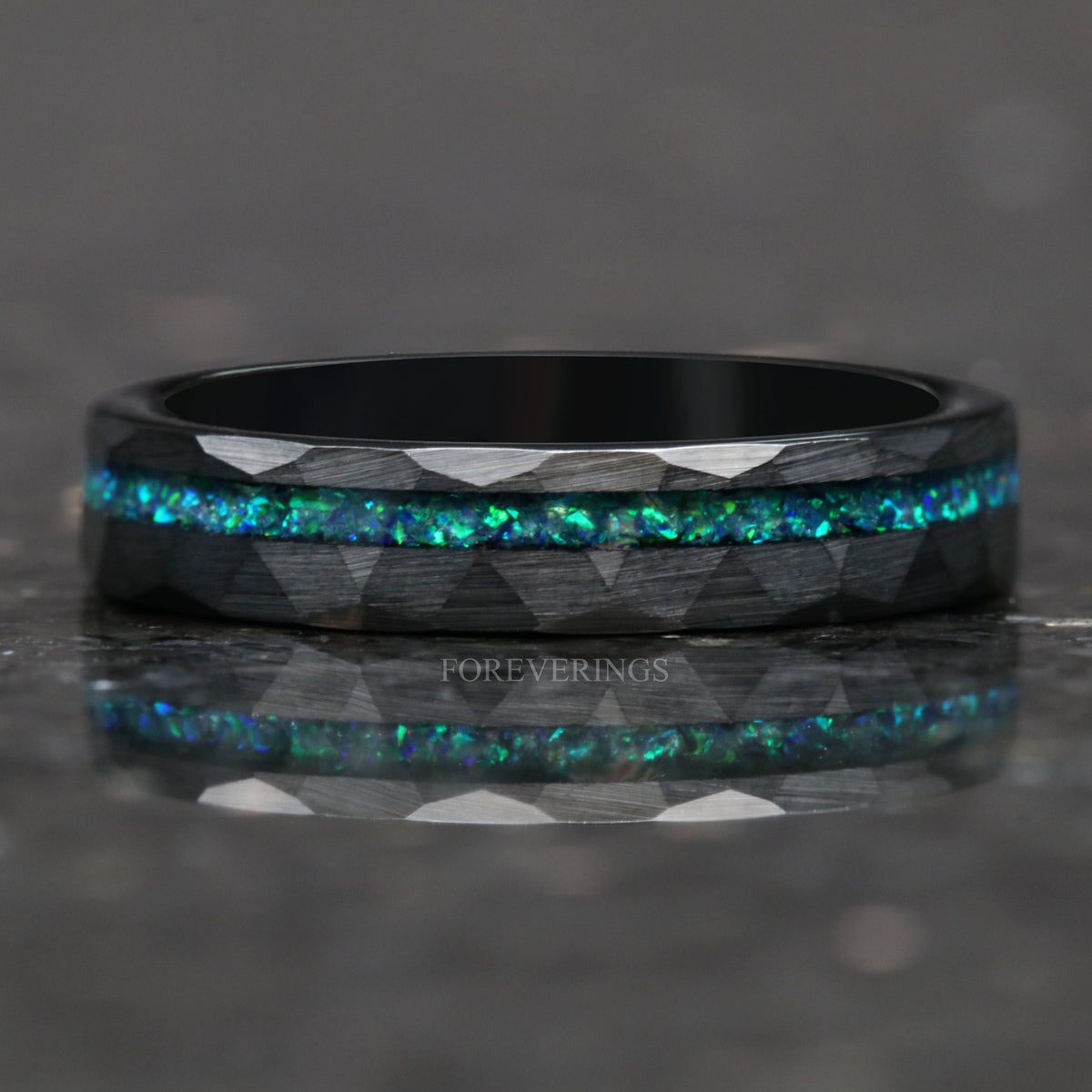 Green Opal Black Tungsten Band | Hammered Matte Wedding Ring | 4mm