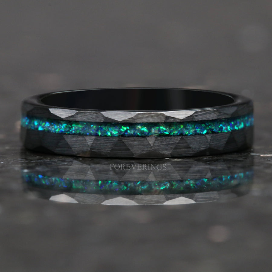 Green Opal Black Tungsten Band | Hammered Matte Wedding Ring | 4mm