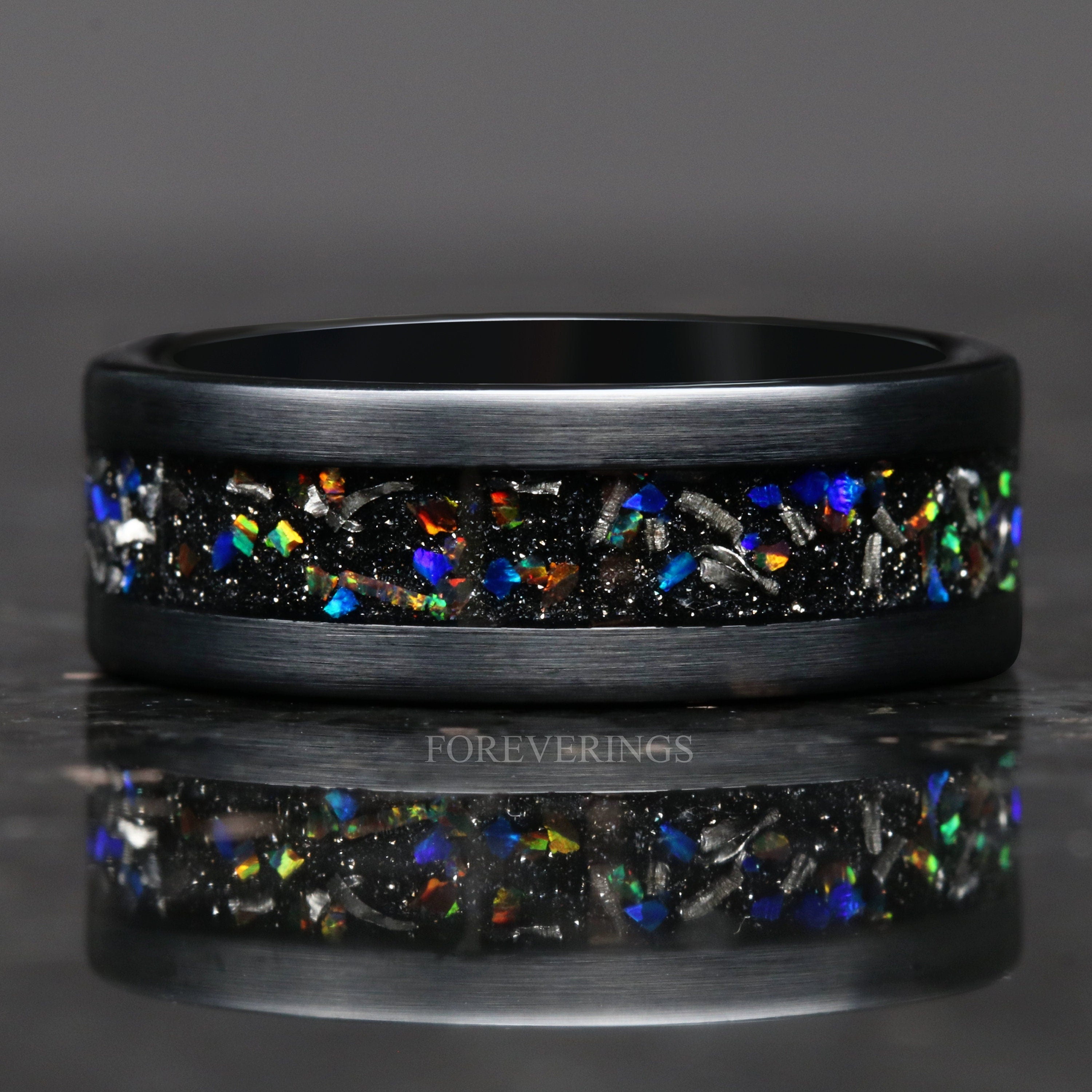 Mens Meteorite Opal Ring, Black Tungsten Ring, 8mm Mens Wedding Band, Smooth Matte Tungsten Ring, Unique Galaxy Opal Meteorite Wedding Band