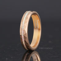 His and Hers Tungsten Wedding Band, Crushed White Fire Opal, 8mm & 4mm Rings, Rose Gold Plated Ring, Hammer, Flat, Brushed, Comfort Fit