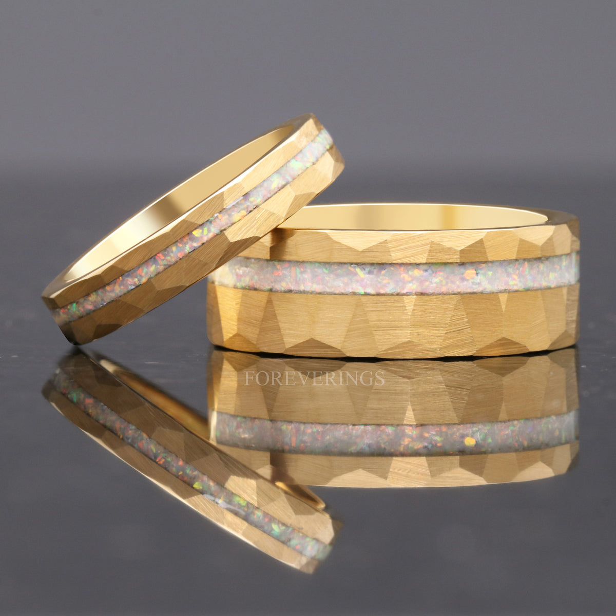 White Fire Opal | Hammered Tungsten Band in Rose or Yellow Gold