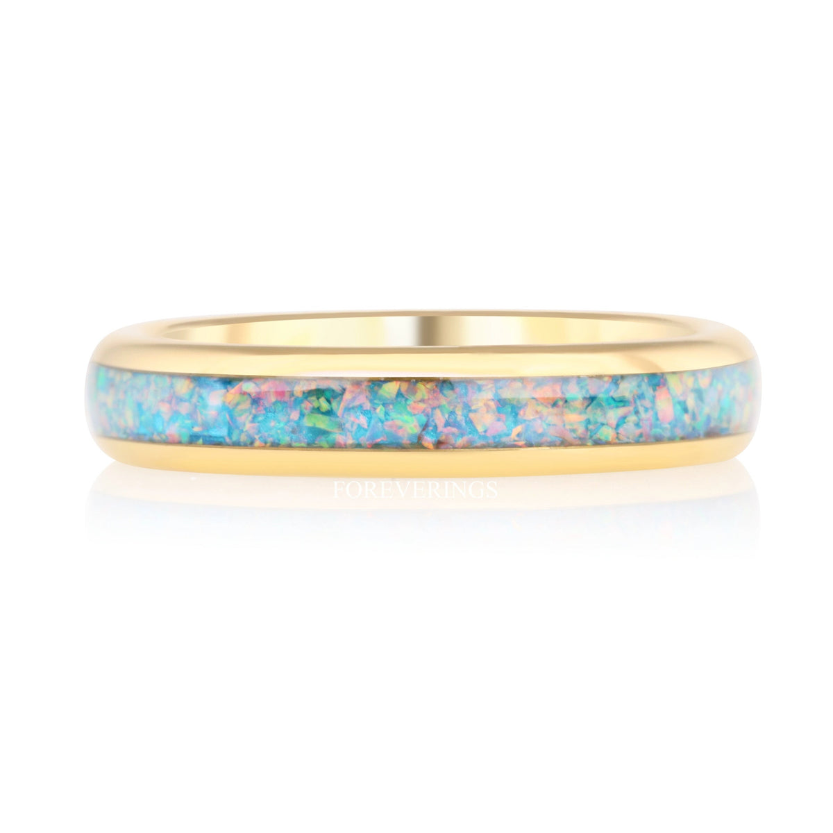 Rainbow Opal Ring, Gold Wedding Band, Blue Fire Opal Tungsten Ring, Polish, Dome, Unique Men Women Ring, October Birthstone, Ring Engraving