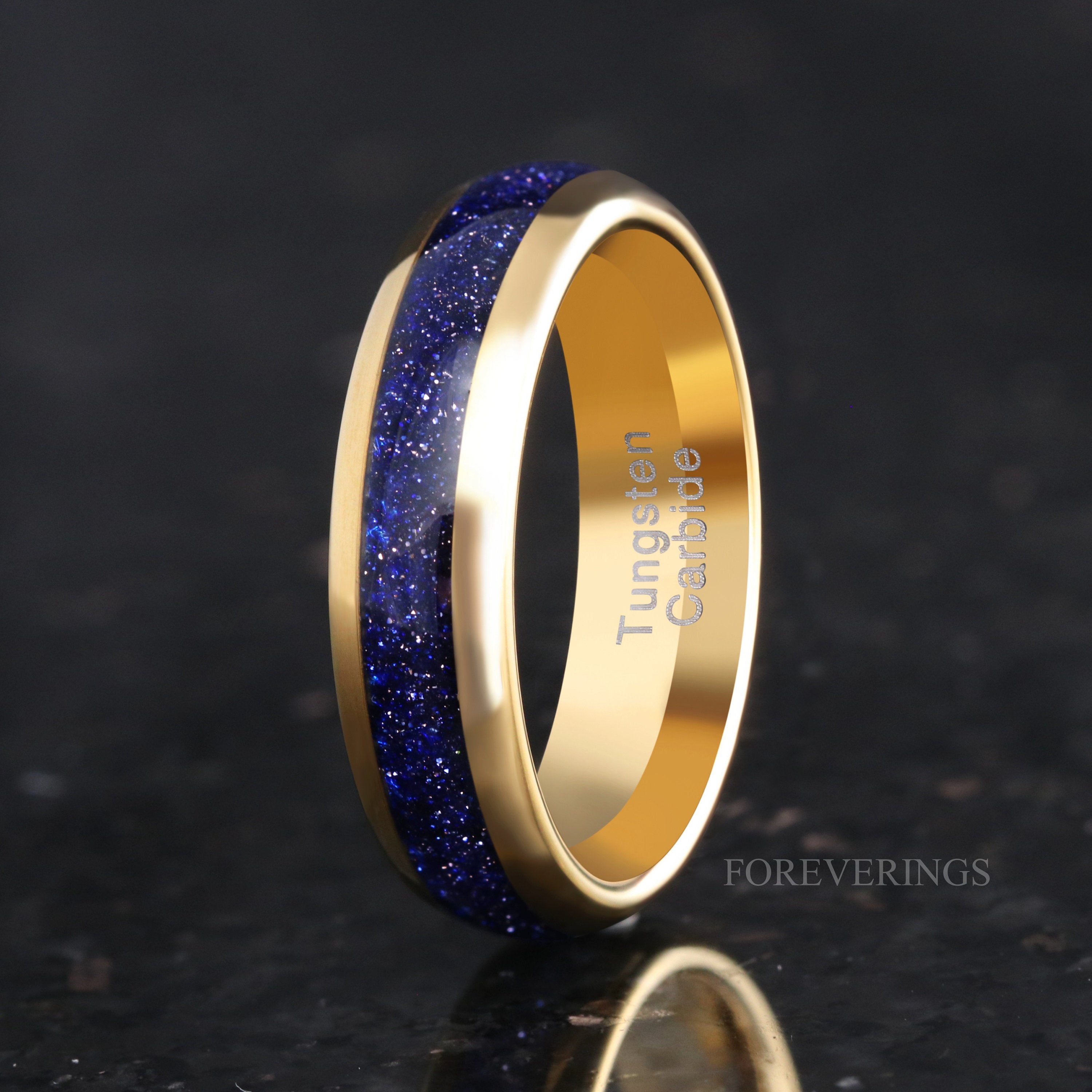 Great Rift Nebula Gold Ring Set, His and Hers Tungsten Wedding Band, 6mm & 4mm Band, Outer Space Couples Ring, Dome, Blue Sandstone Ring