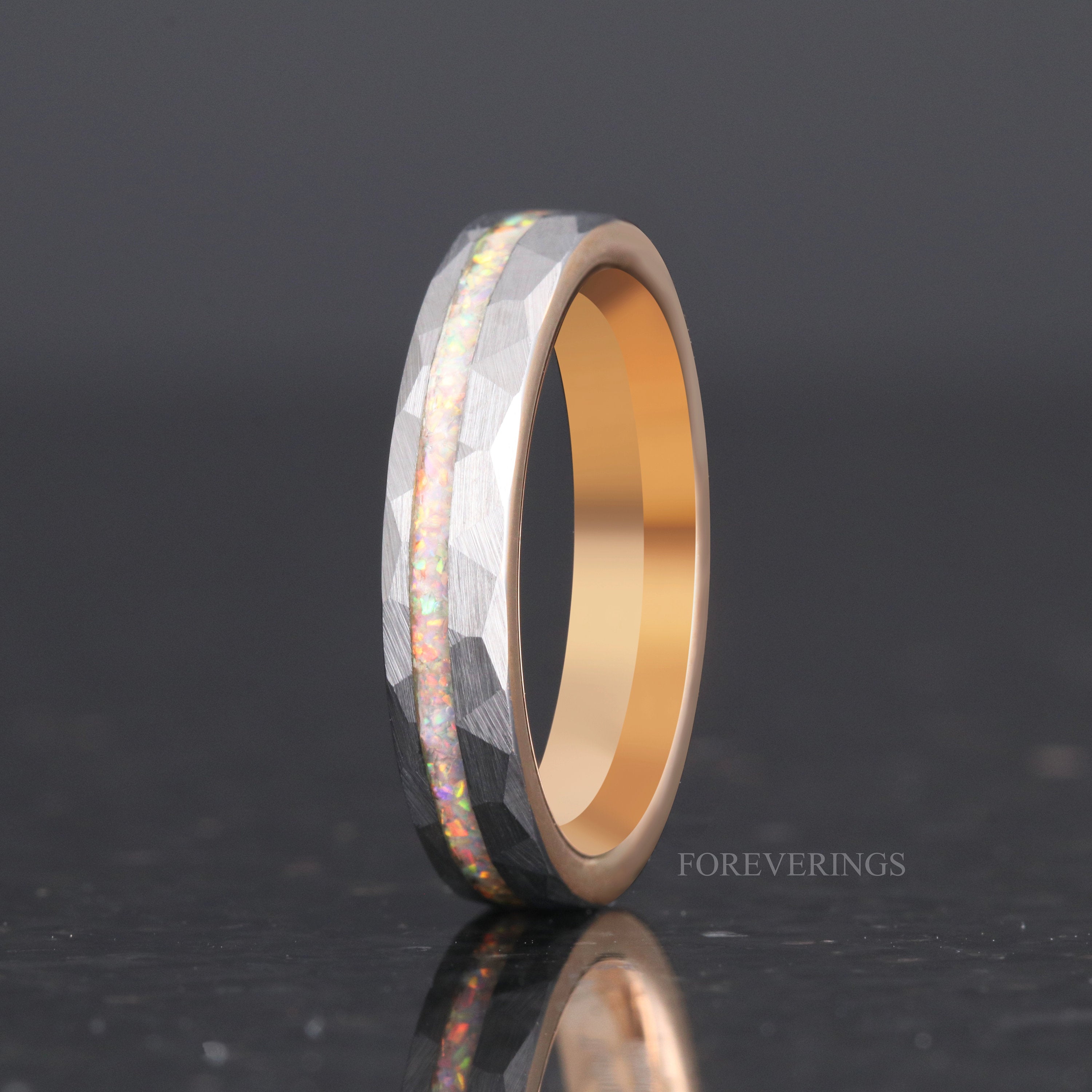 Crushed White Fire Opal Ring, 4mm Tungsten Wedding Band, Two-Tone Silver-Rose Gold Ring, Brushed, Hammered, Comfort Fit, Unique Ring