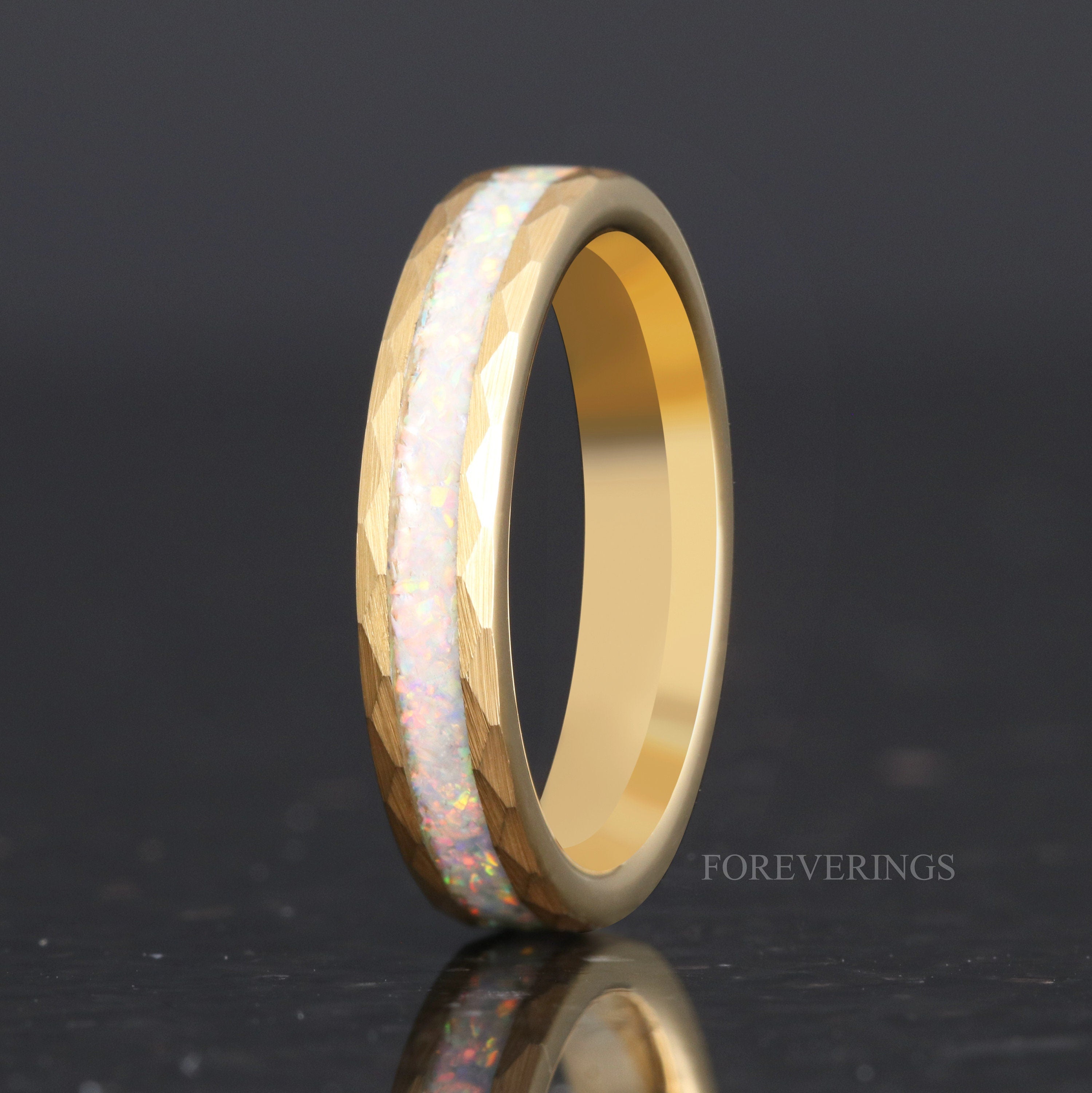 His and Hers Tungsten Wedding Band, Crushed White Fire Opal, 8mm & 4mm Rings, Yellow Gold Plated, Hammer, Flat, Brushed, Comfort Fit