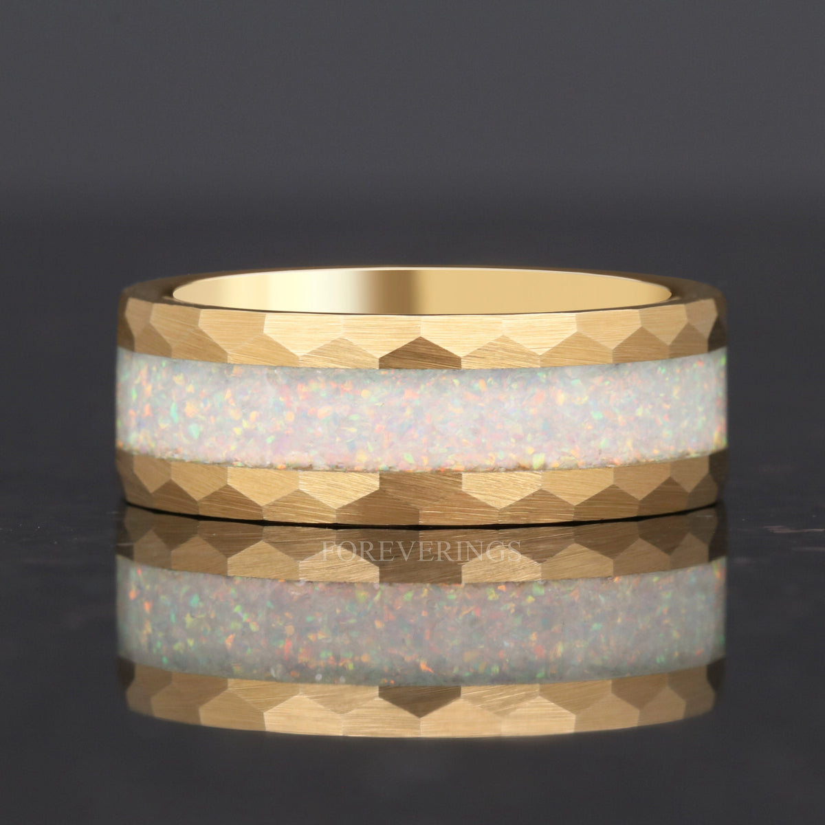 White Fire Opal Hammered Tungsten Wedding Band | Yellow Gold 8mm Ring