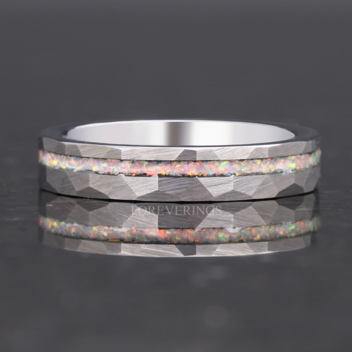 White Fire Opal Offset | Hammered Tungsten Wedding Band | 4mm