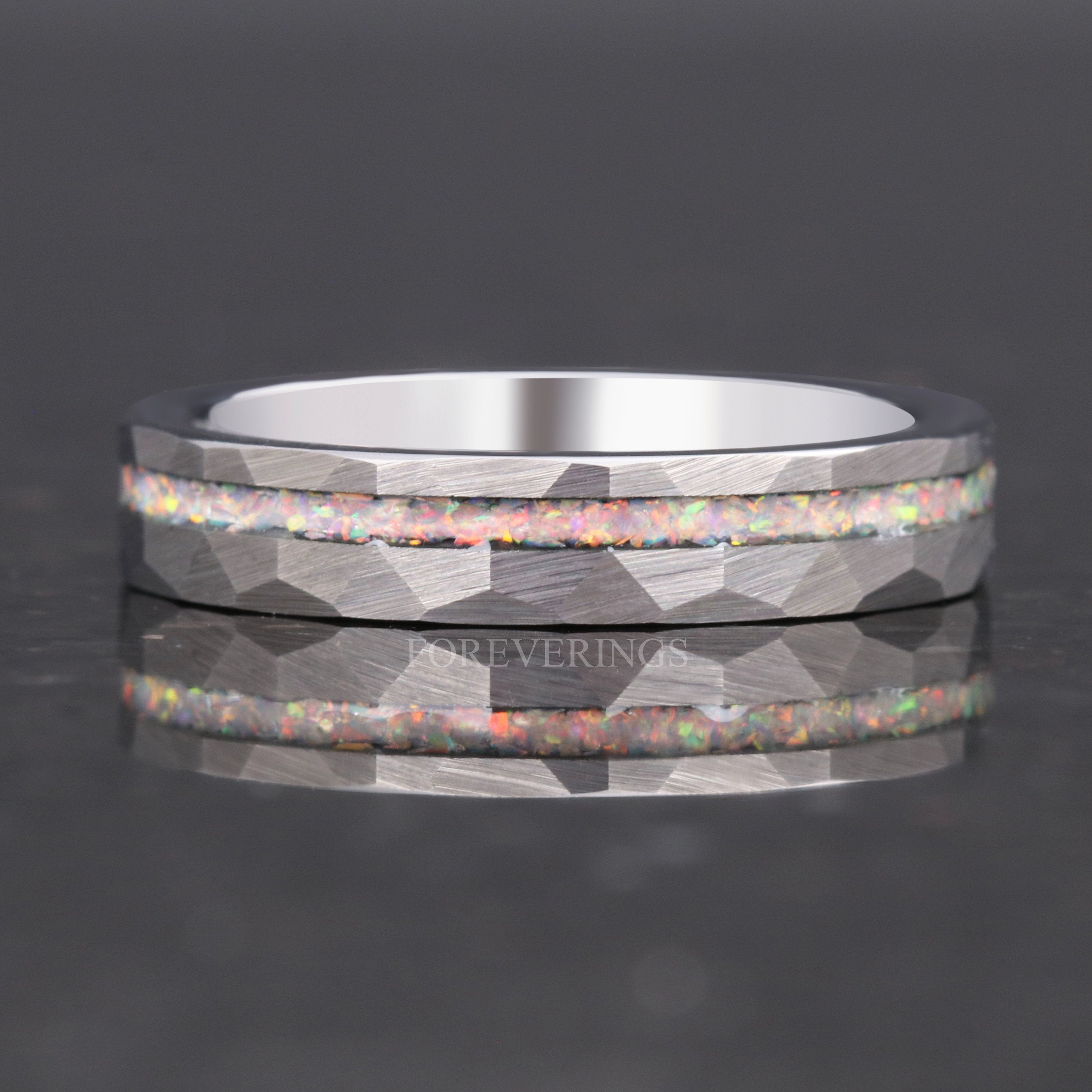 White Fire Opal Ring, Hammered Wedding Band, Silver Tungsten Ring, Brushed, Hammered, Unique Ring, Men Women Ring, Engrave