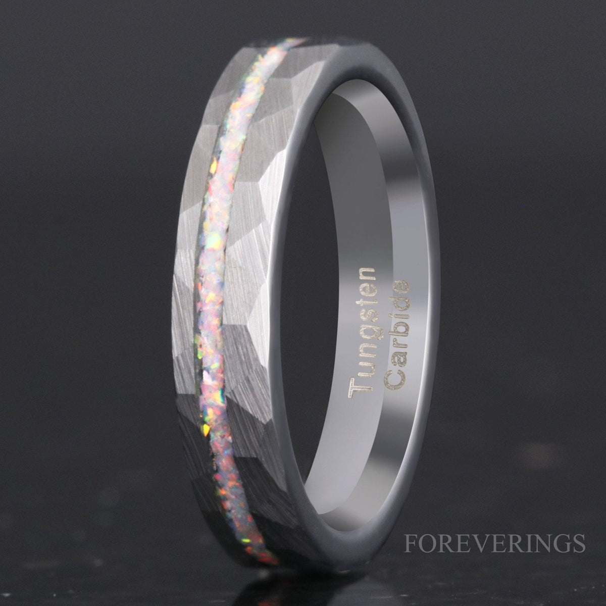 White Fire Opal Offset | Hammered Tungsten Wedding Band | 4mm