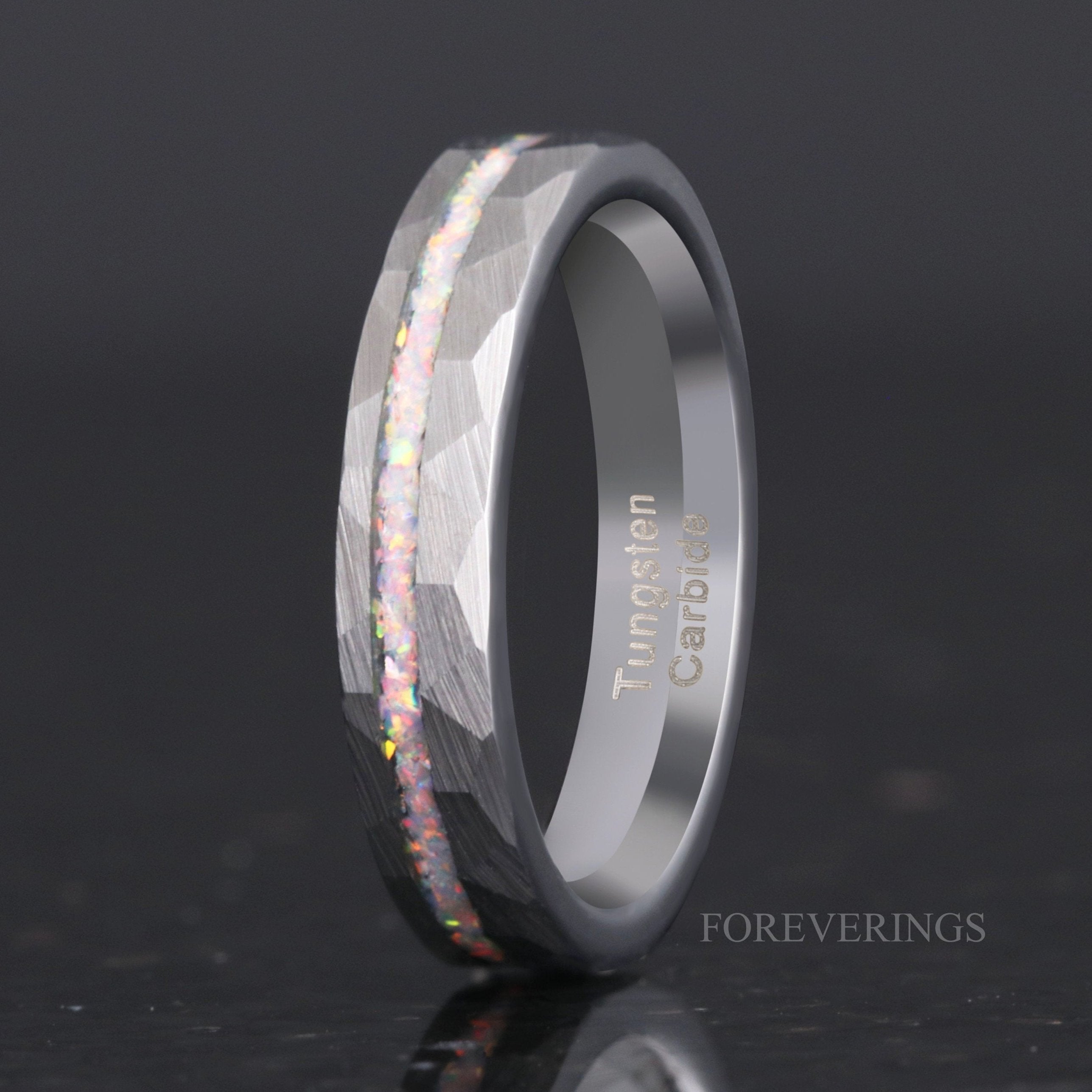 White Fire Opal Ring, Hammered Wedding Band, Silver Tungsten Ring, Brushed, Hammered, Unique Ring, Men Women Ring, Engrave