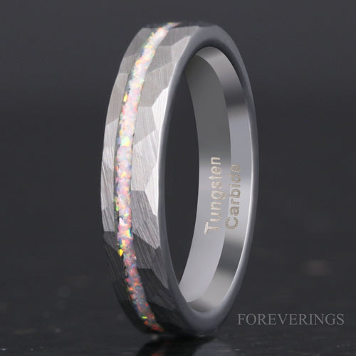 White Fire Opal Offset | Hammered Tungsten Wedding Band | 4mm