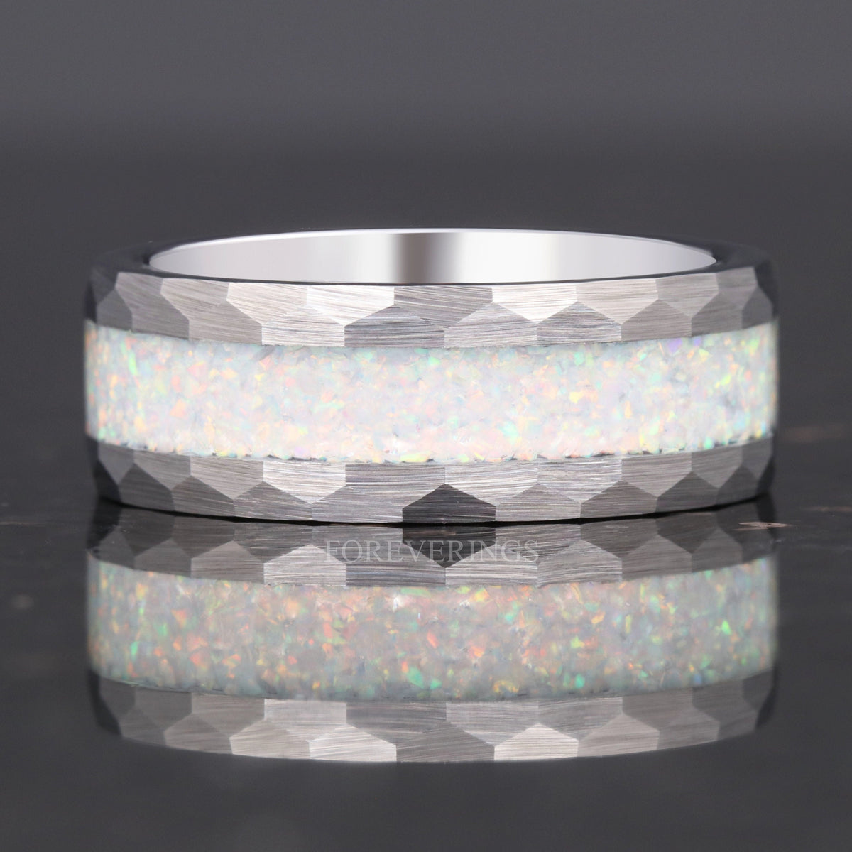White Opal Ring | Hammered Brushed Silver Tungsten Band