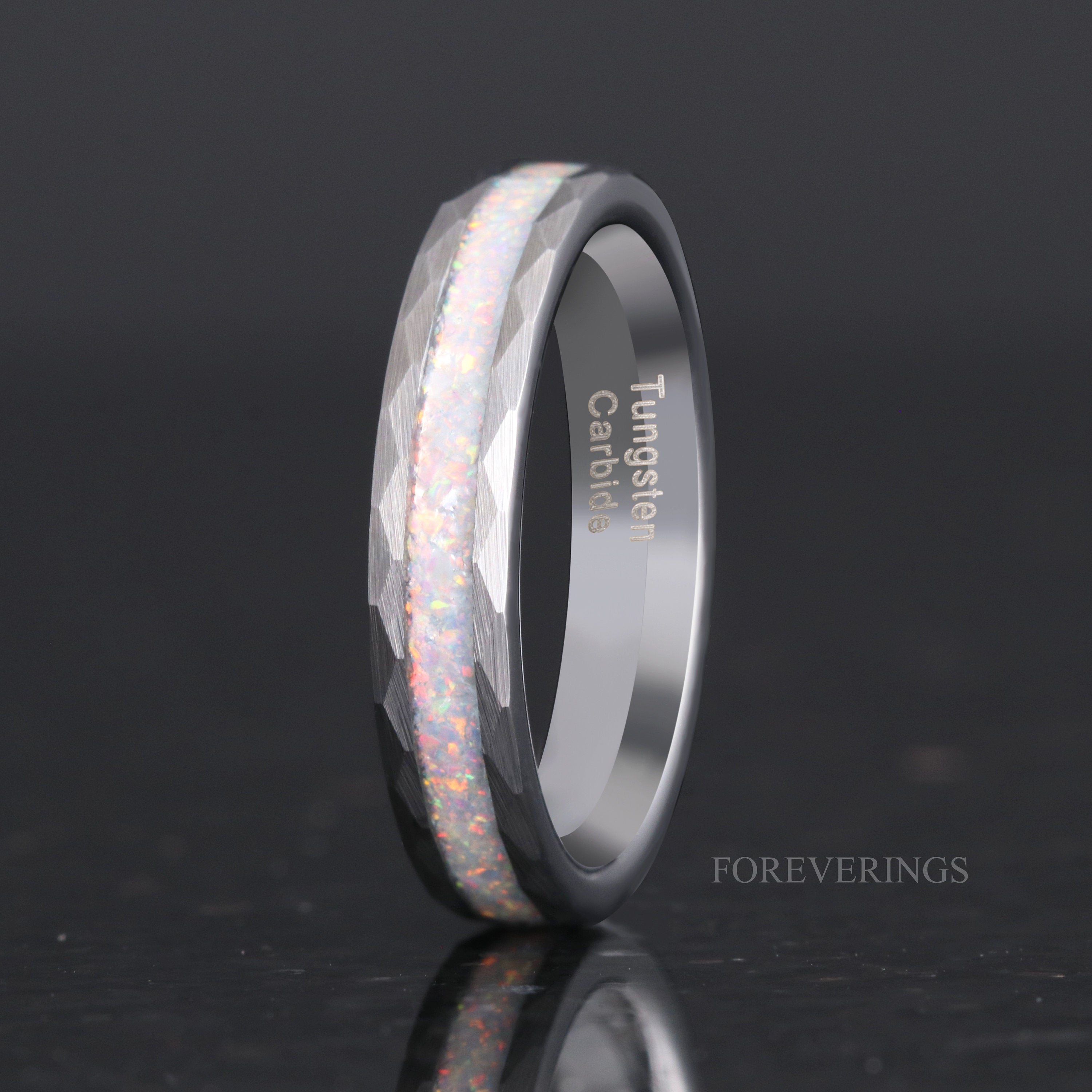 Crushed White Fire Opal Ring, 4mm Silver Tungsten Wedding Band, No Plating, Brushed, Flat, Hammered, Comfort Fit, Unique Men Women Ring