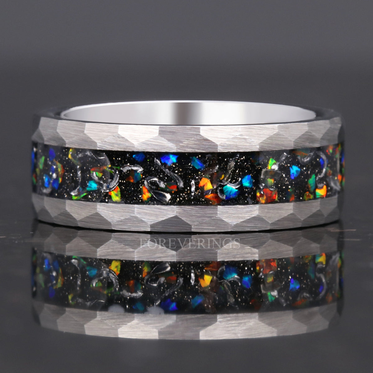 Mens Meteorite Wedding Band | Fire Opal Hammered Tungsten